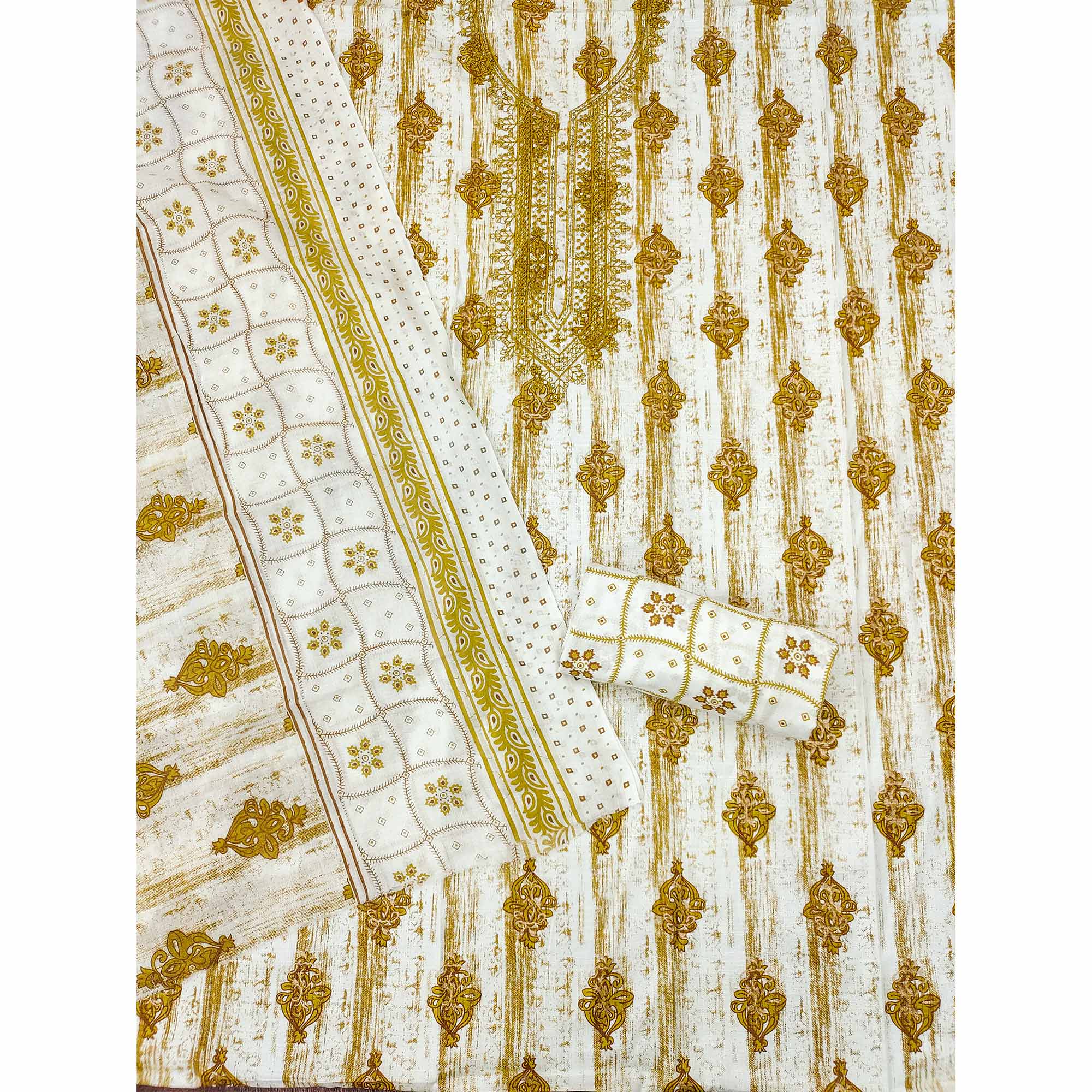 Olive Printed With Embroidered Cotton Blend Dress Material