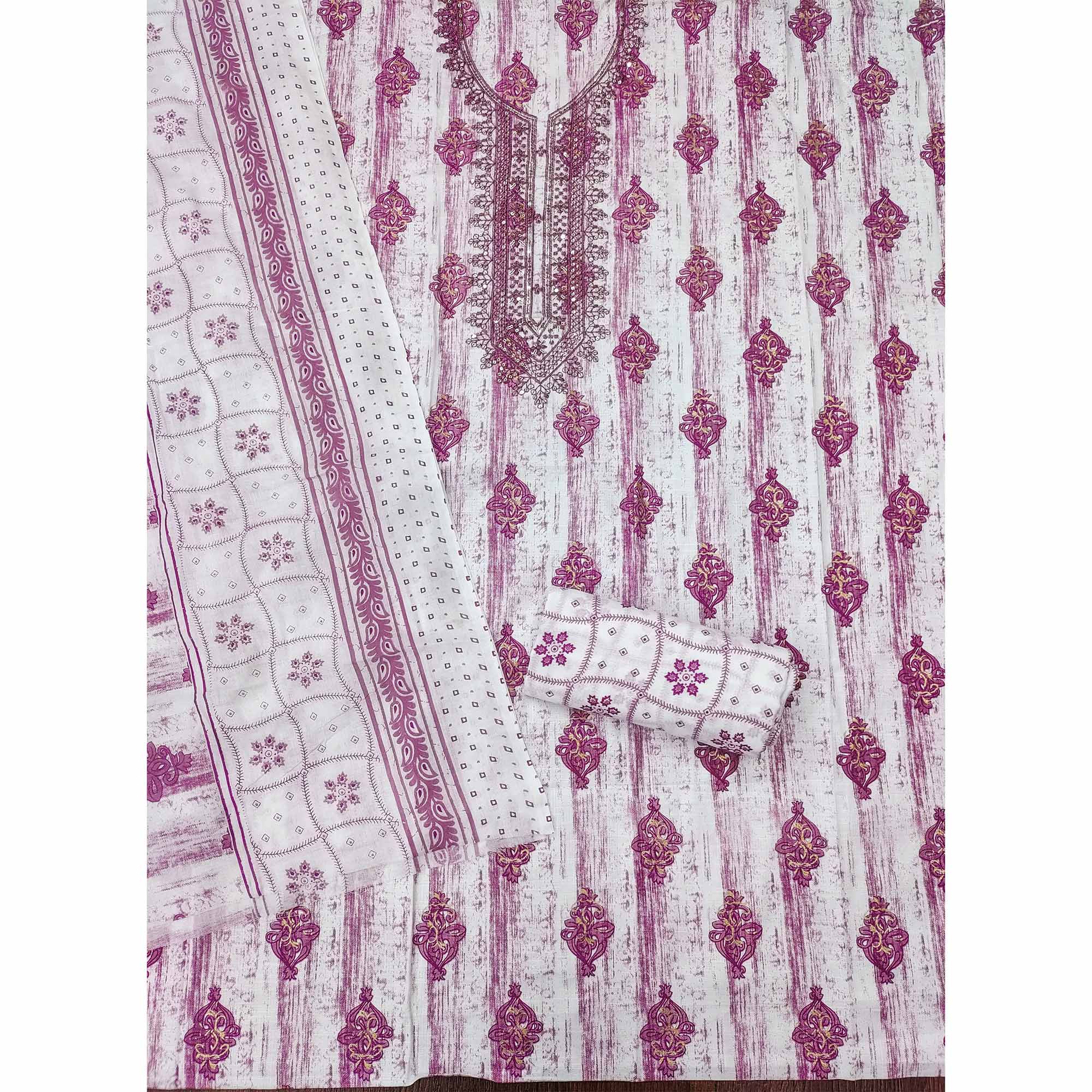 Purple Printed With Embroidered Cotton Blend Dress Material
