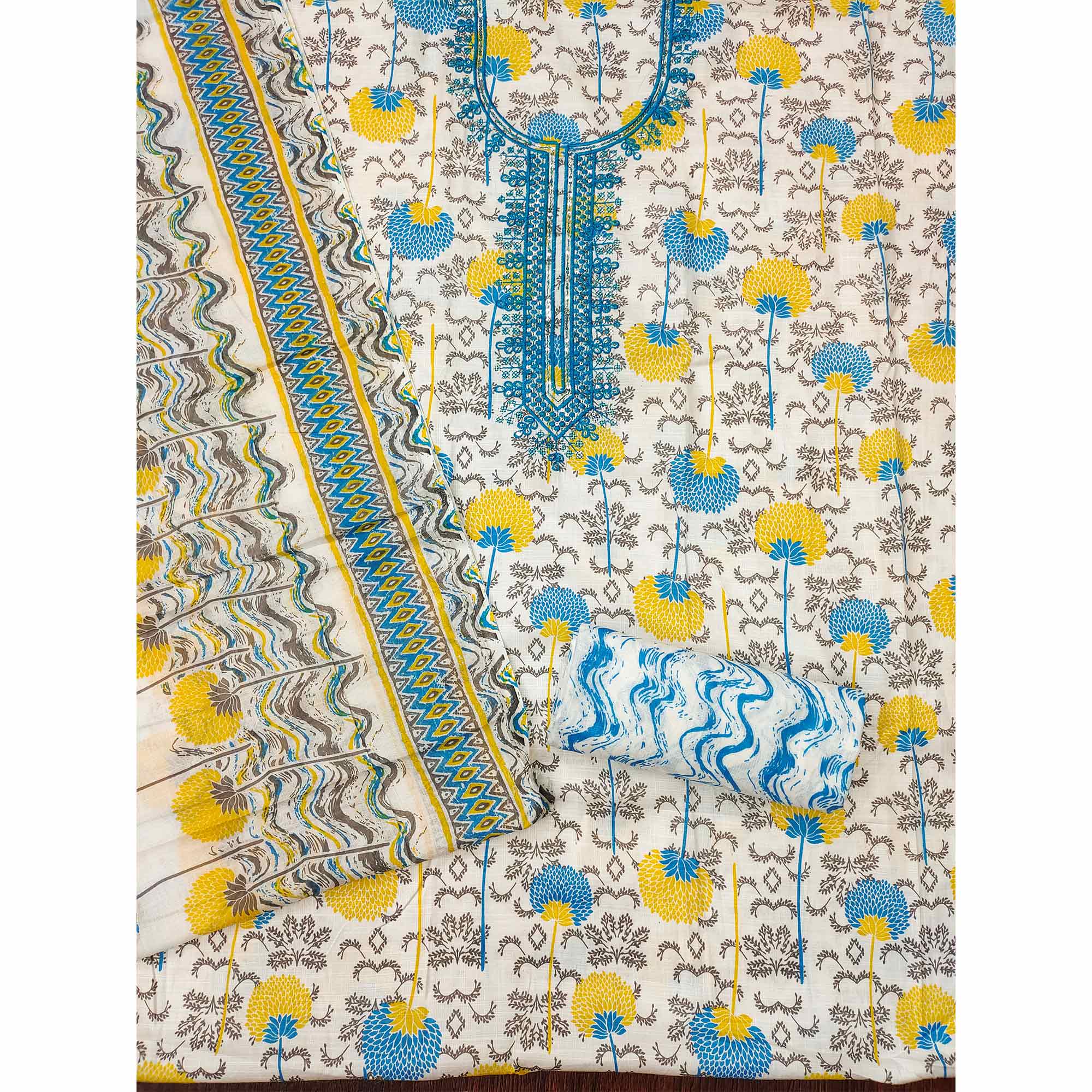 Blue & Yellow Floral Printed With Embroidered Cotton Blend Dress Material