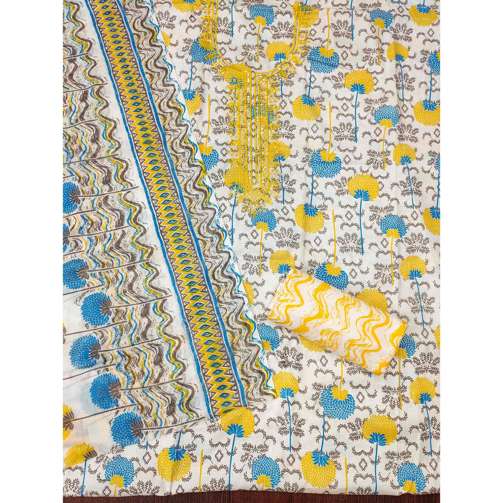 Yellow & Blue Floral Printed With Embroidered Cotton Blend Dress Material