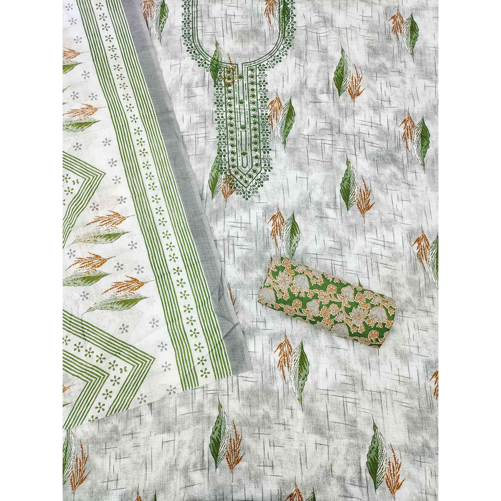 Green Floral Printed With Embroidered Cotton Blend Dress Material