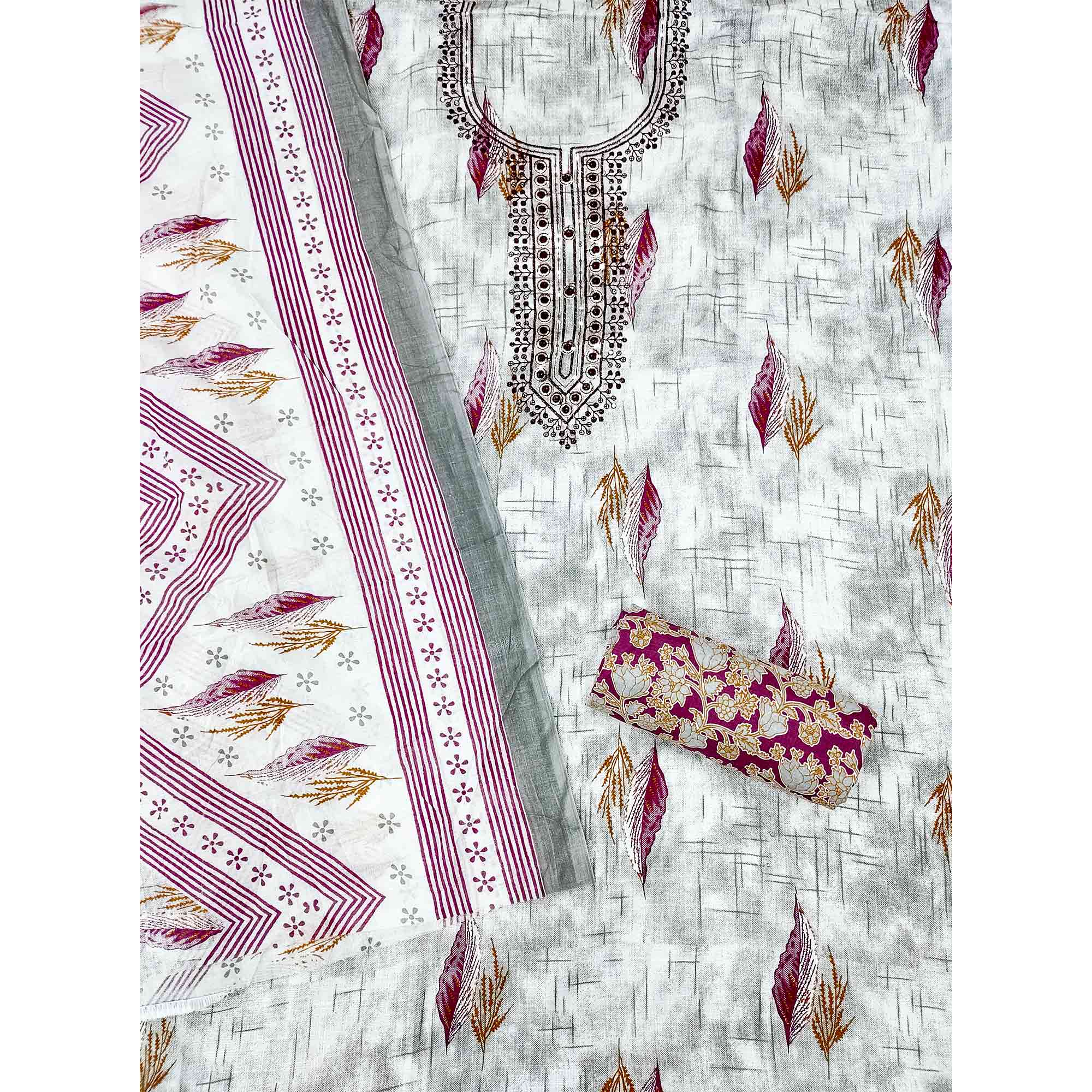 Purple Floral Printed With Embroidered Cotton Blend Dress Material
