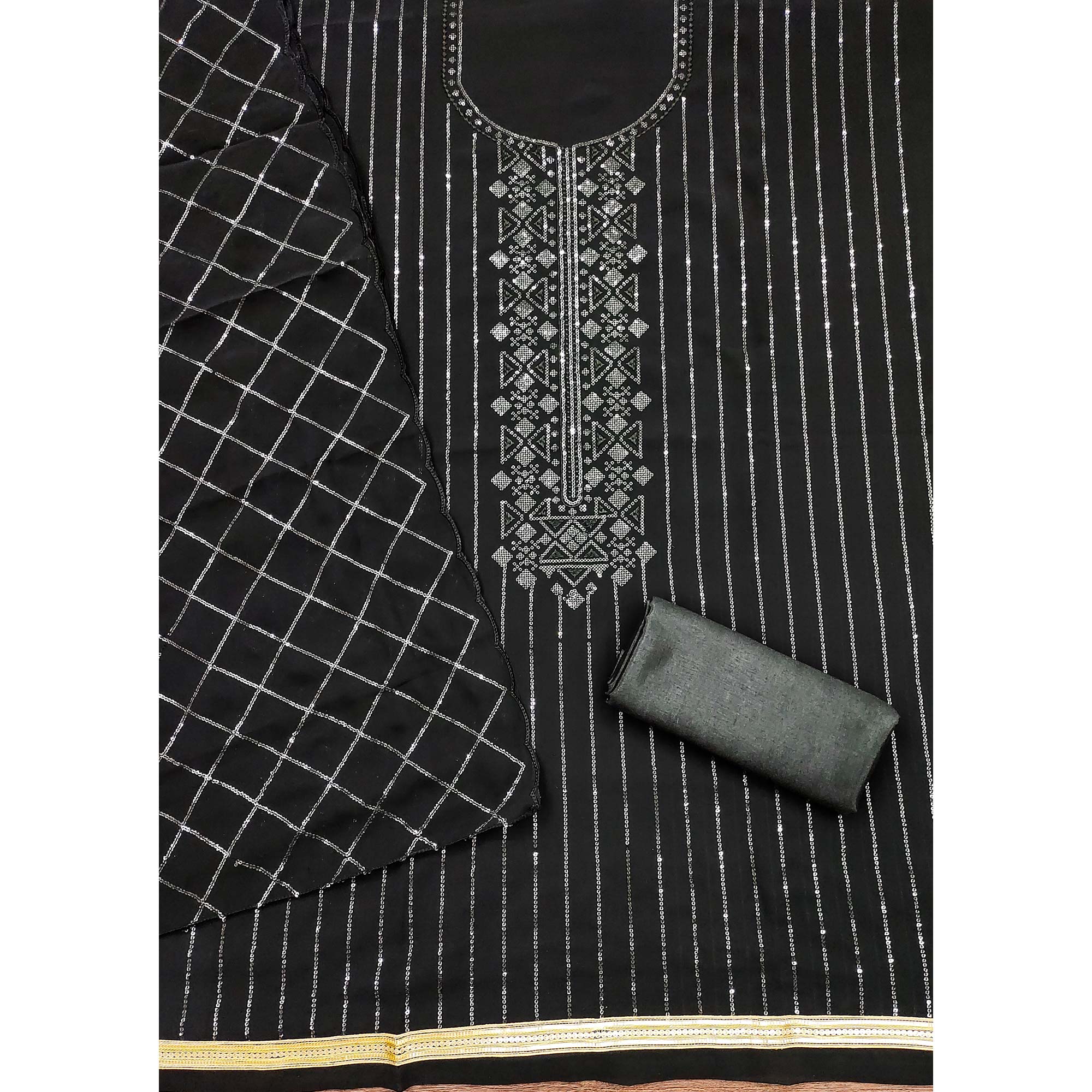 Black Sequins Embroidered Georgette Dress Material