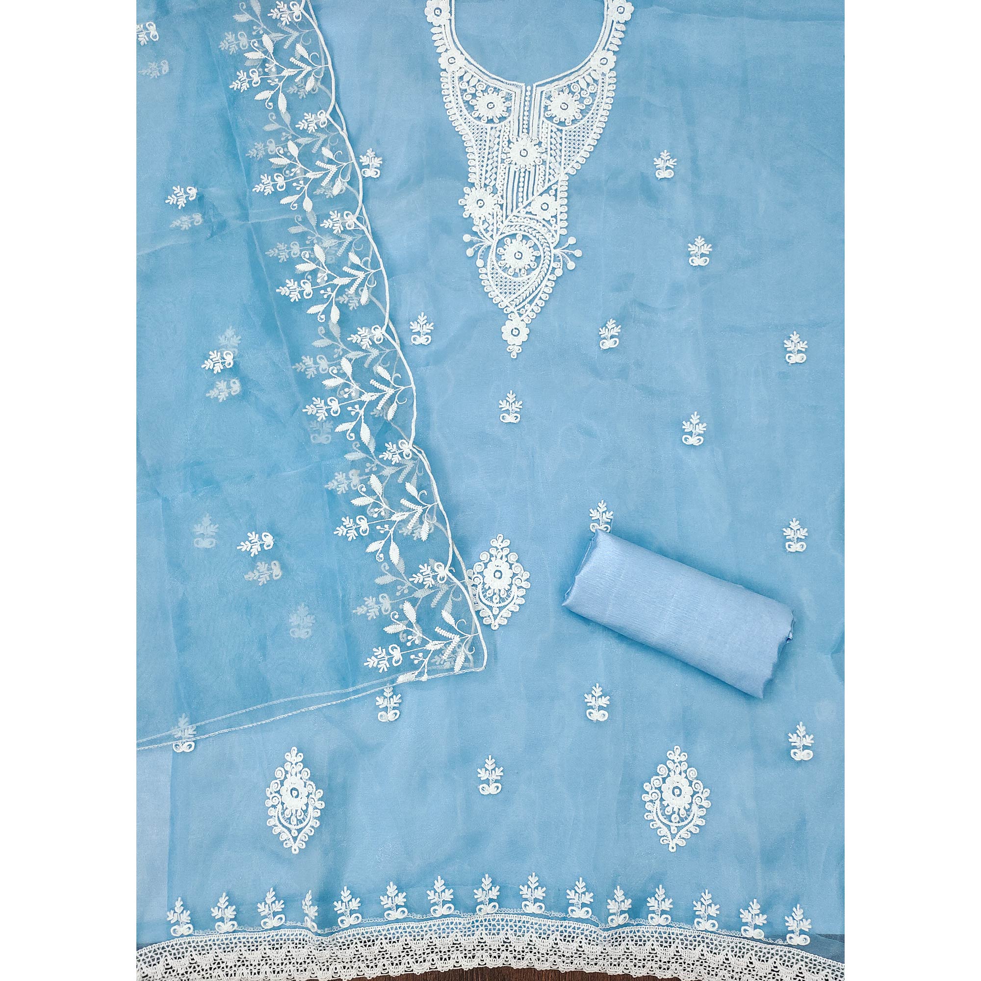 Blue Floral Embroidered Organza Dress Material