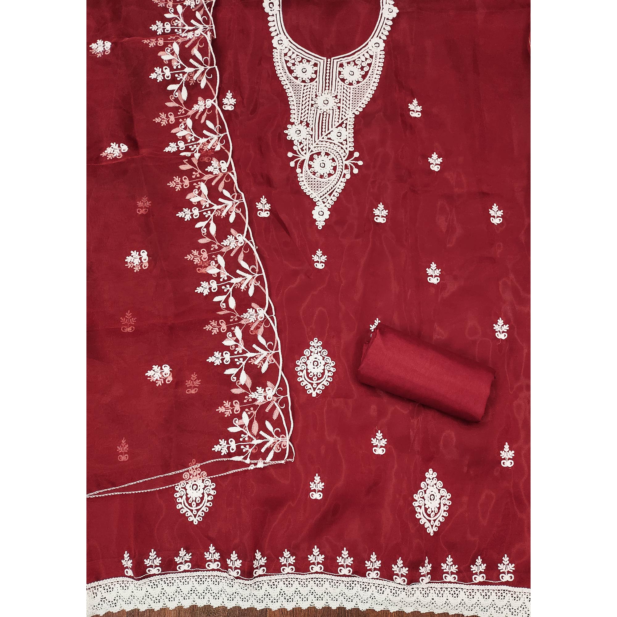 Maroon Floral Embroidered Organza Dress Material