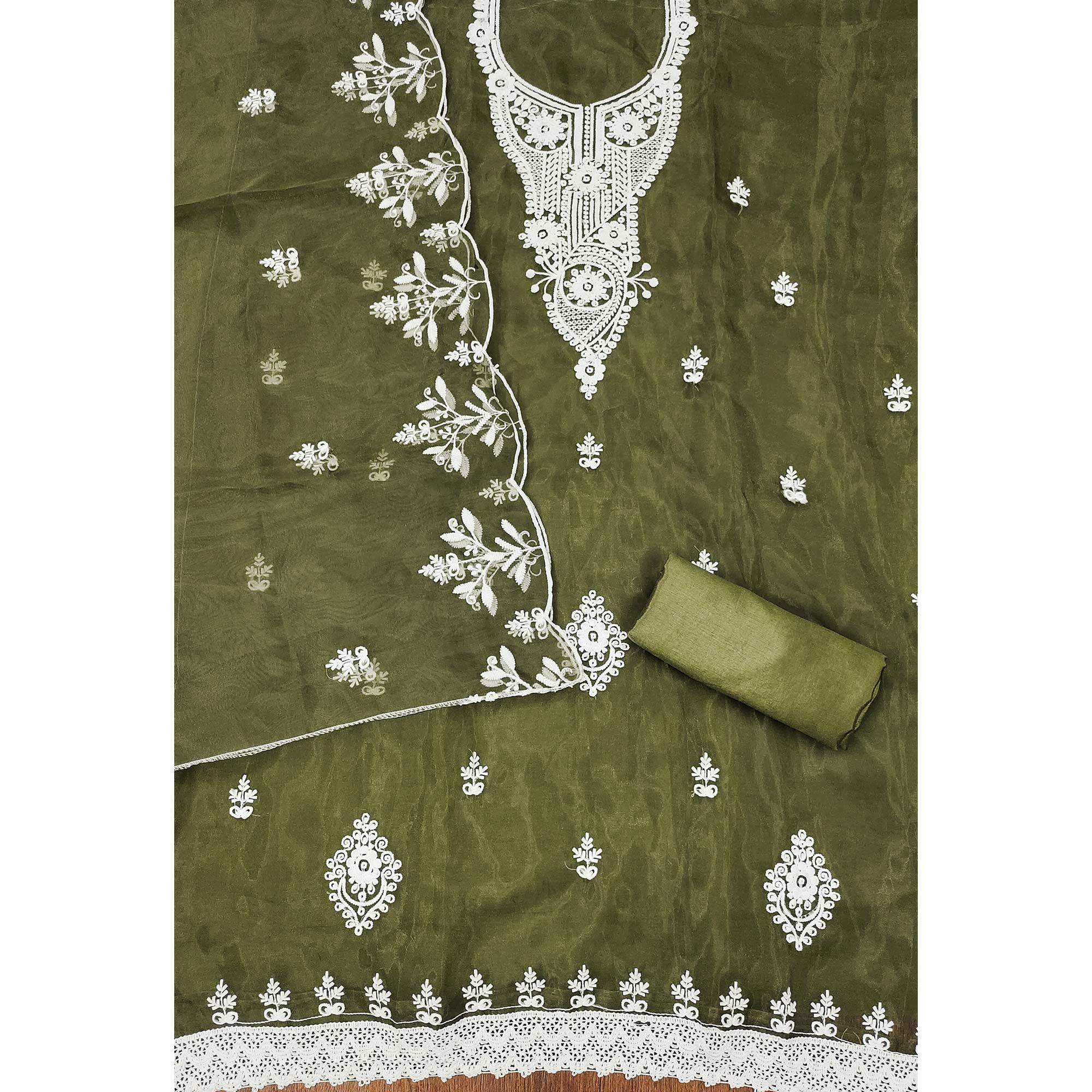 Mehendi Green Floral Embroidered Organza Dress Material