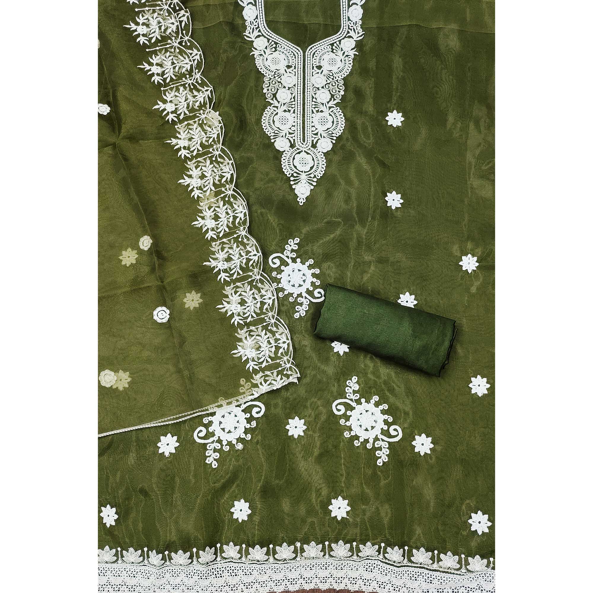 Mehendi Green Floral Embroidered Organza Dress Material