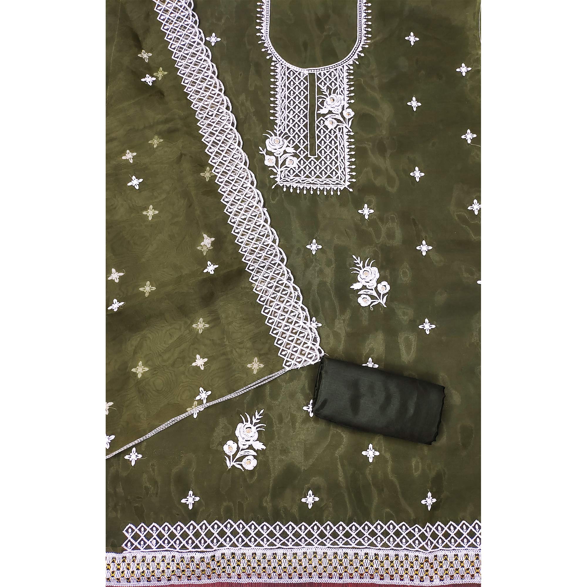 Mehandi Green Floral Embroidered Organza Dress Material