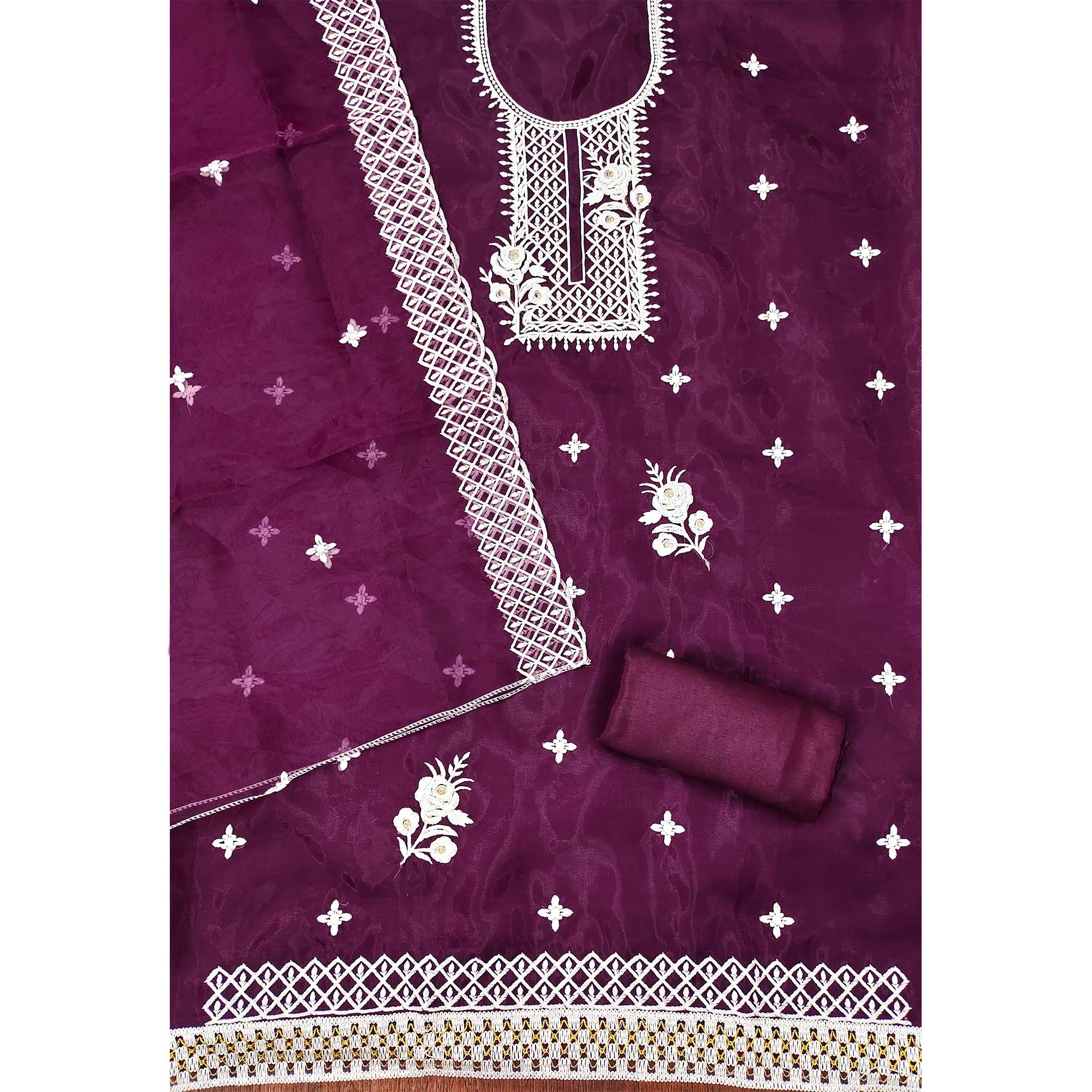 Purple Floral Embroidered Organza Dress Material