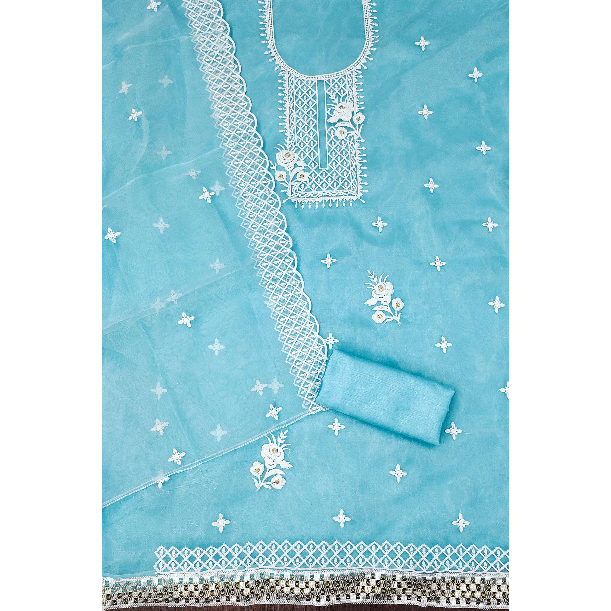 Sky Blue Floral Embroidered Organza Dress Material