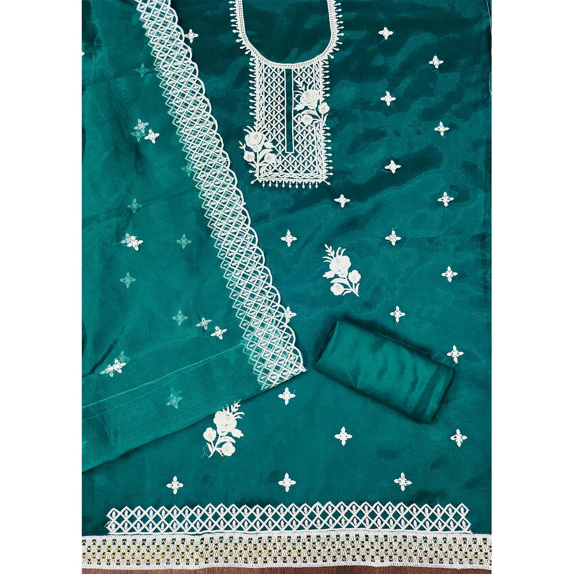 Teal Green Floral Embroidered Organza Dress Material