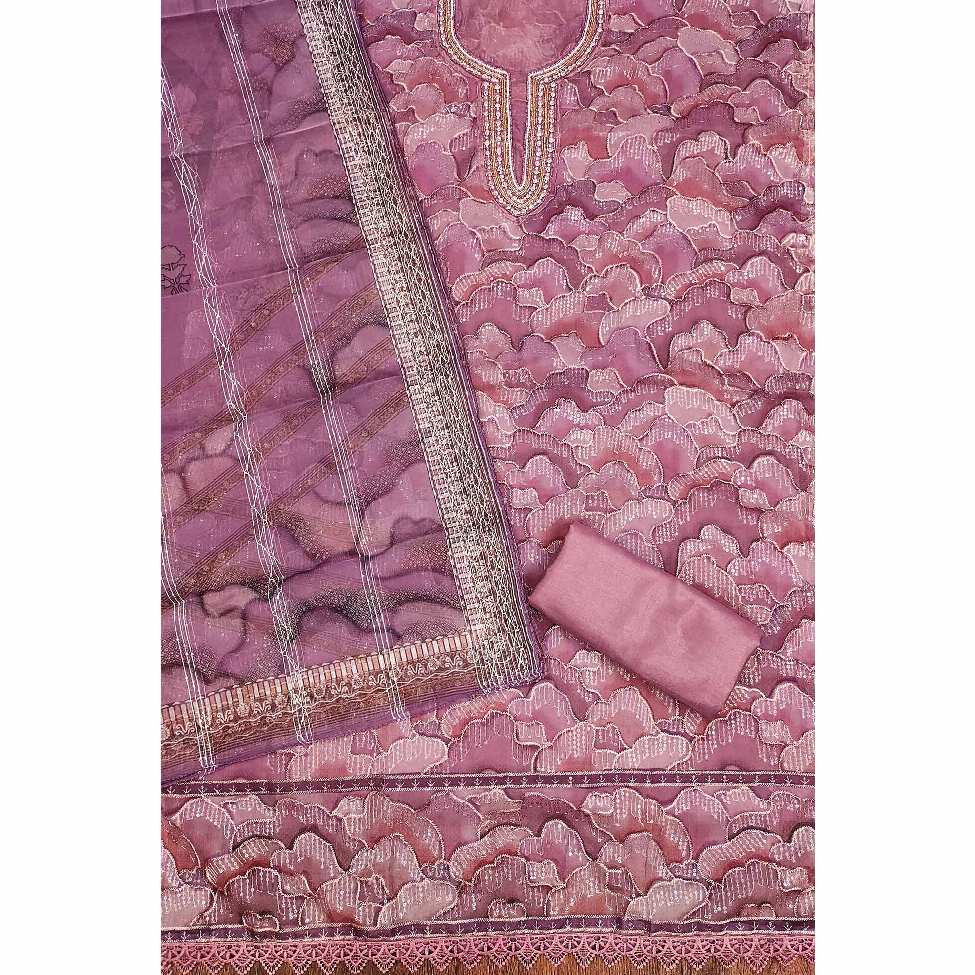 Purple Sequins Embroidered Organza Dress Material