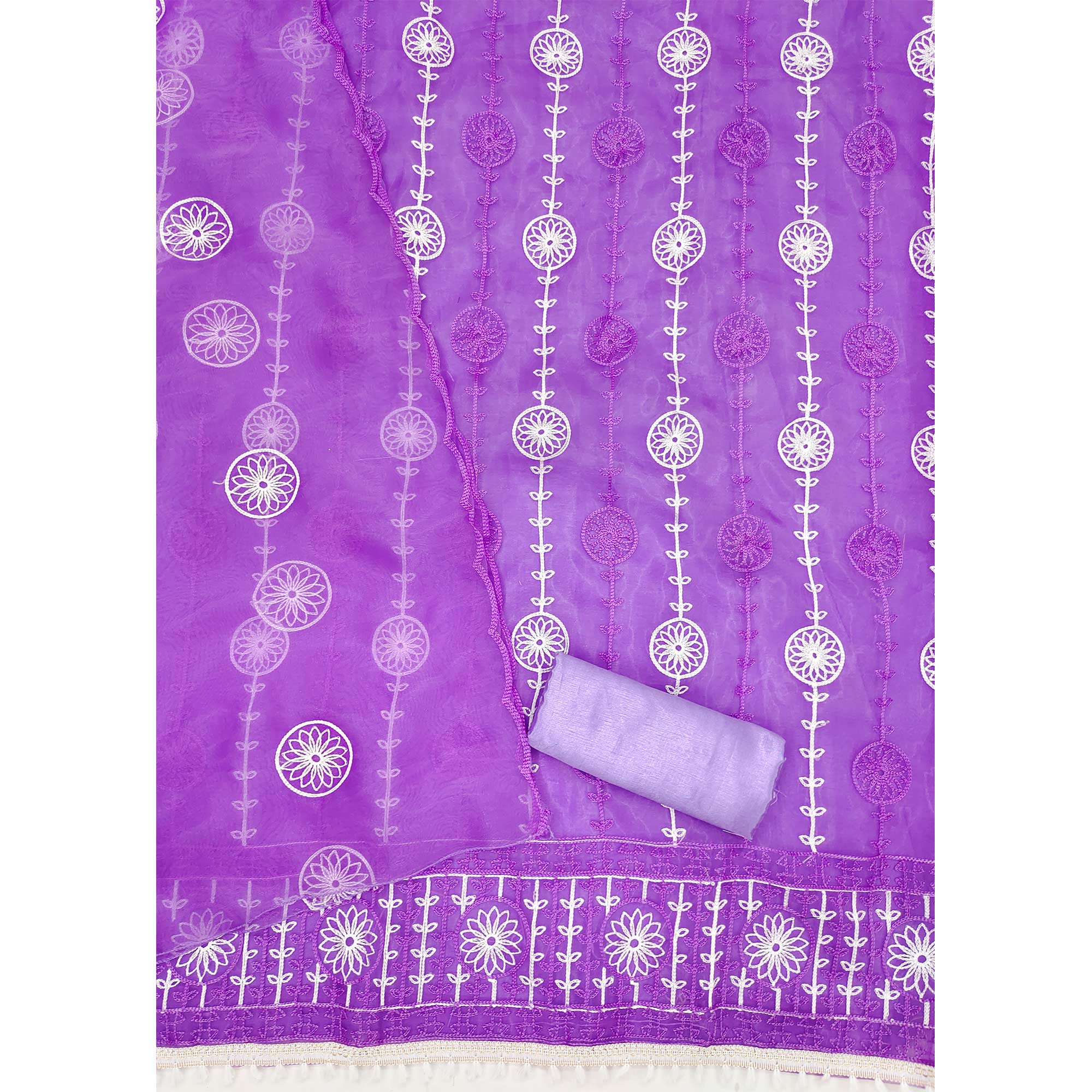 Purple Floral Embroidered Organza Dress Material