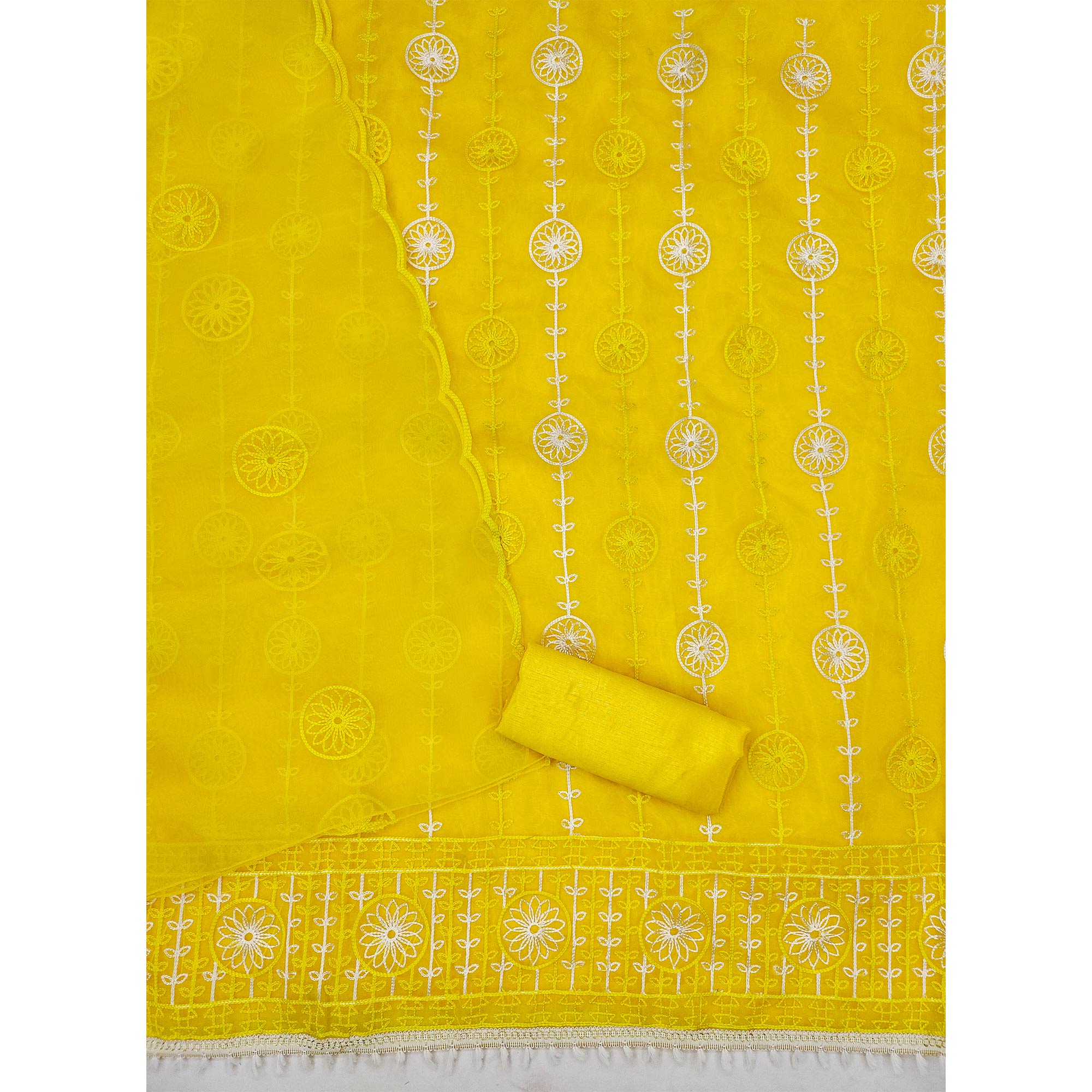 Yellow Floral Embroidered Organza Dress Material
