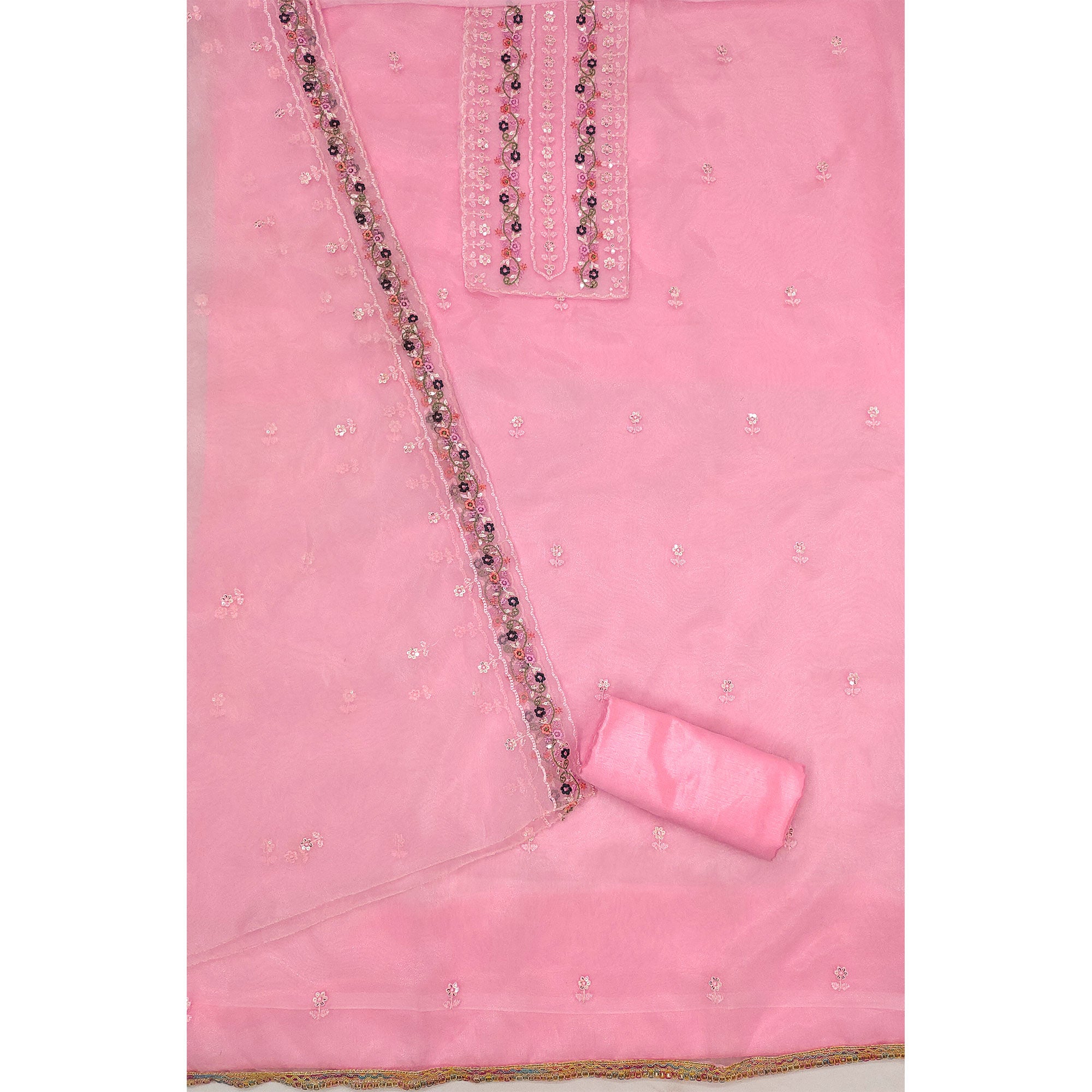 Pink Floral Sequins Embroidered Organza Dress Material