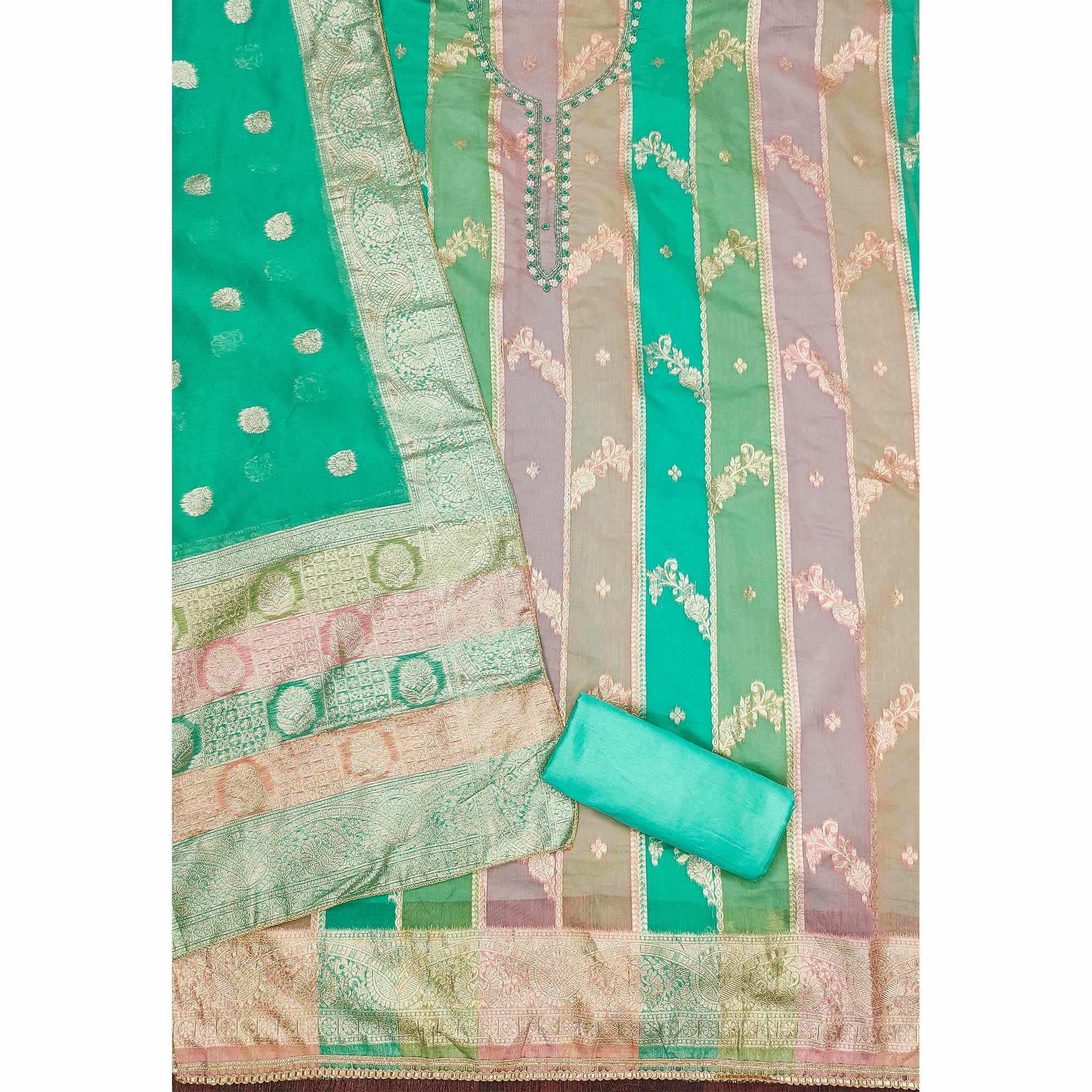 Turquoise Floral Woven With Hand Embroidered Jacquard Dress Material