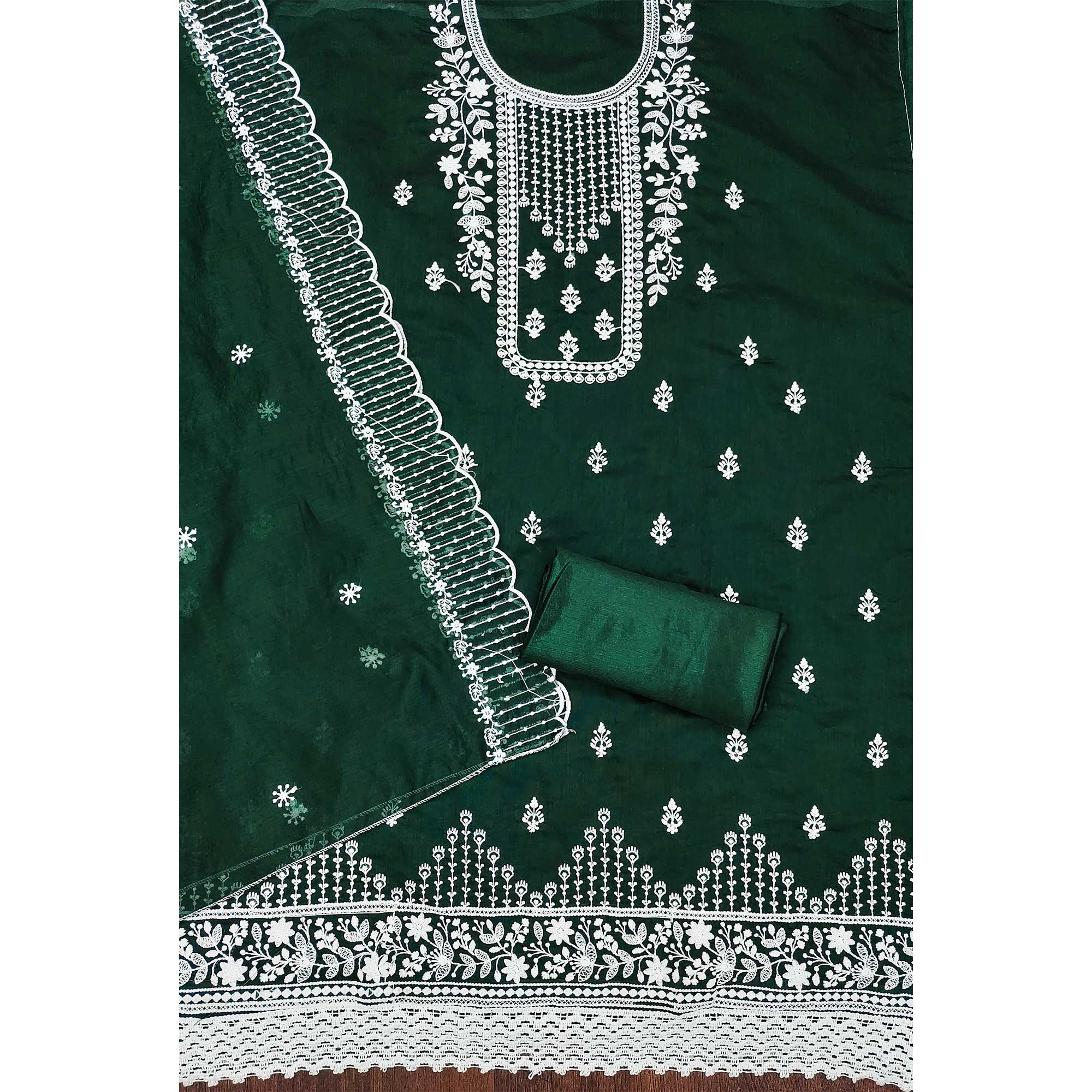 Green Floral Embroidered Chanderi Dress Material