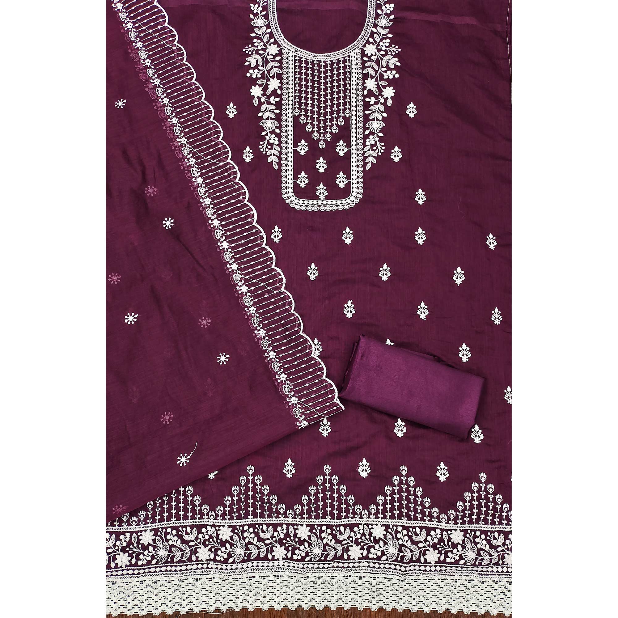 Purple Floral Embroidered Chanderi Dress Material