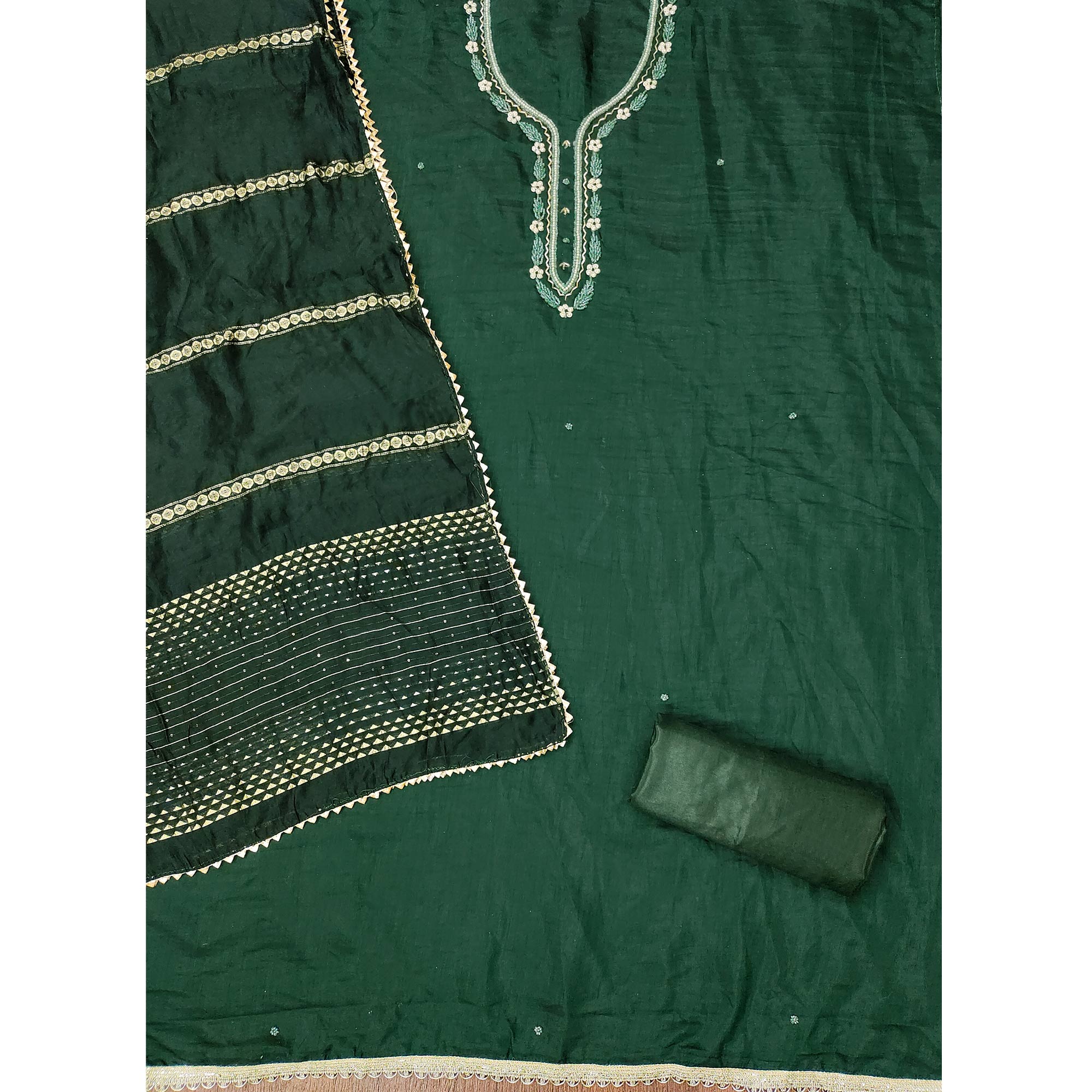 Green Hand Embroidered Cotton Blend Dress Material