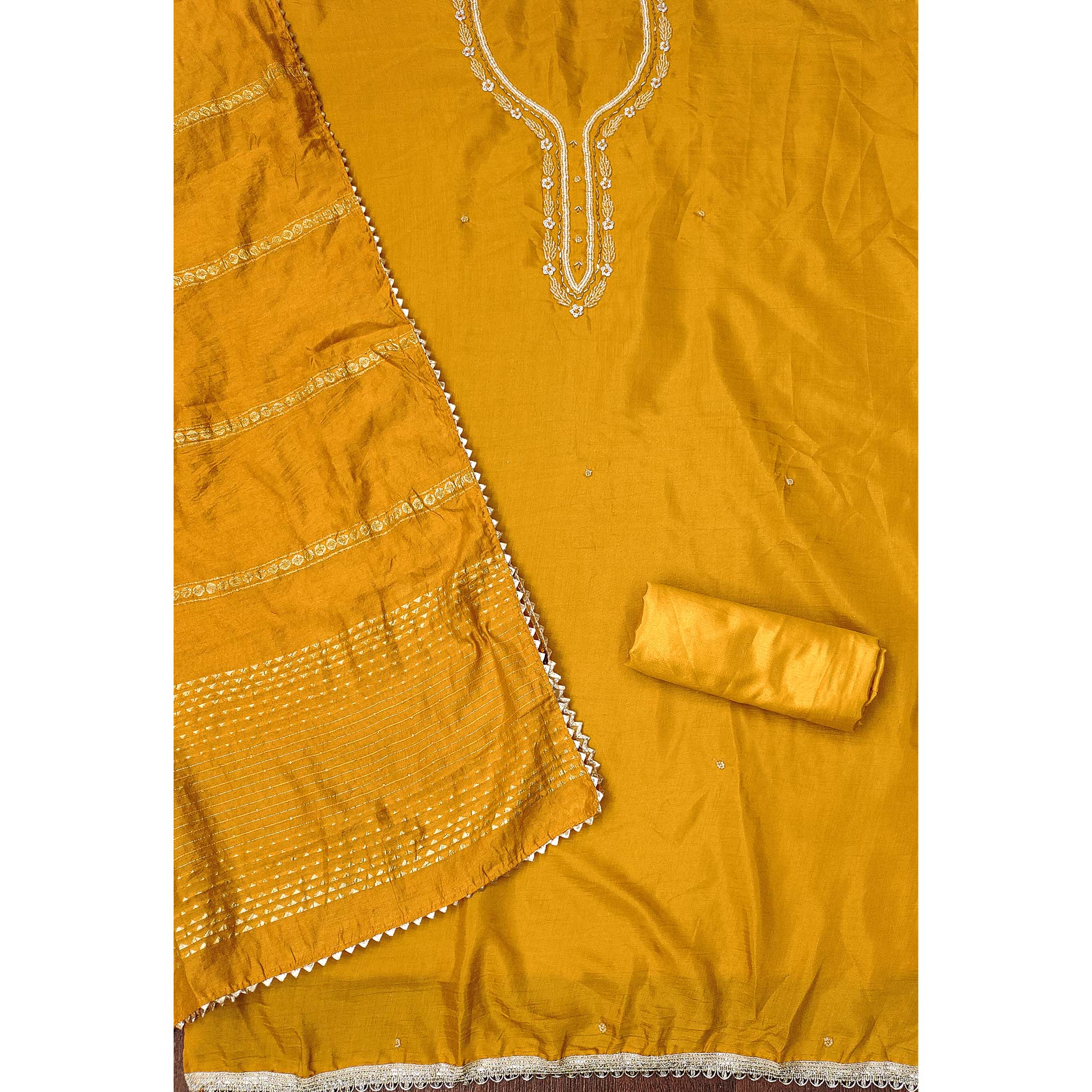 Mustard Hand Embroidered Cotton Blend Dress Material