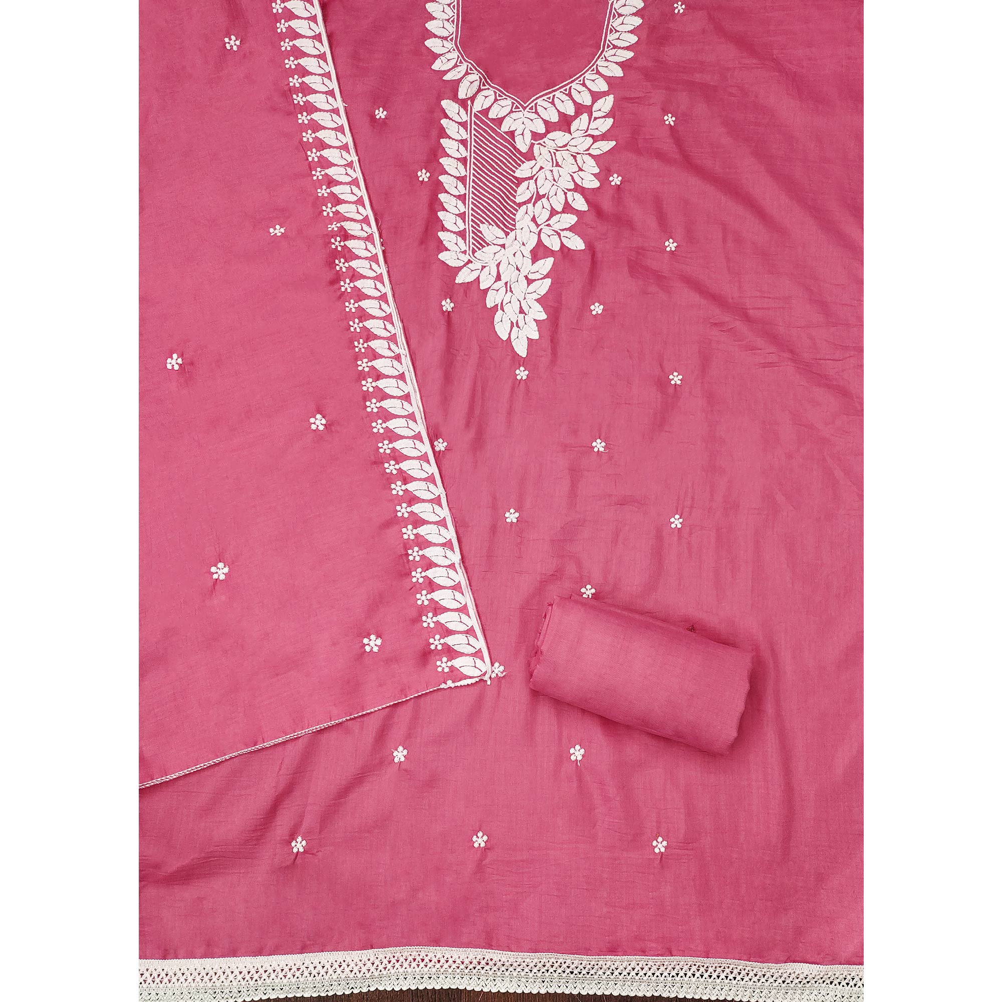 Gajari Pink Floral Embroidered Cotton Blend Dress Material