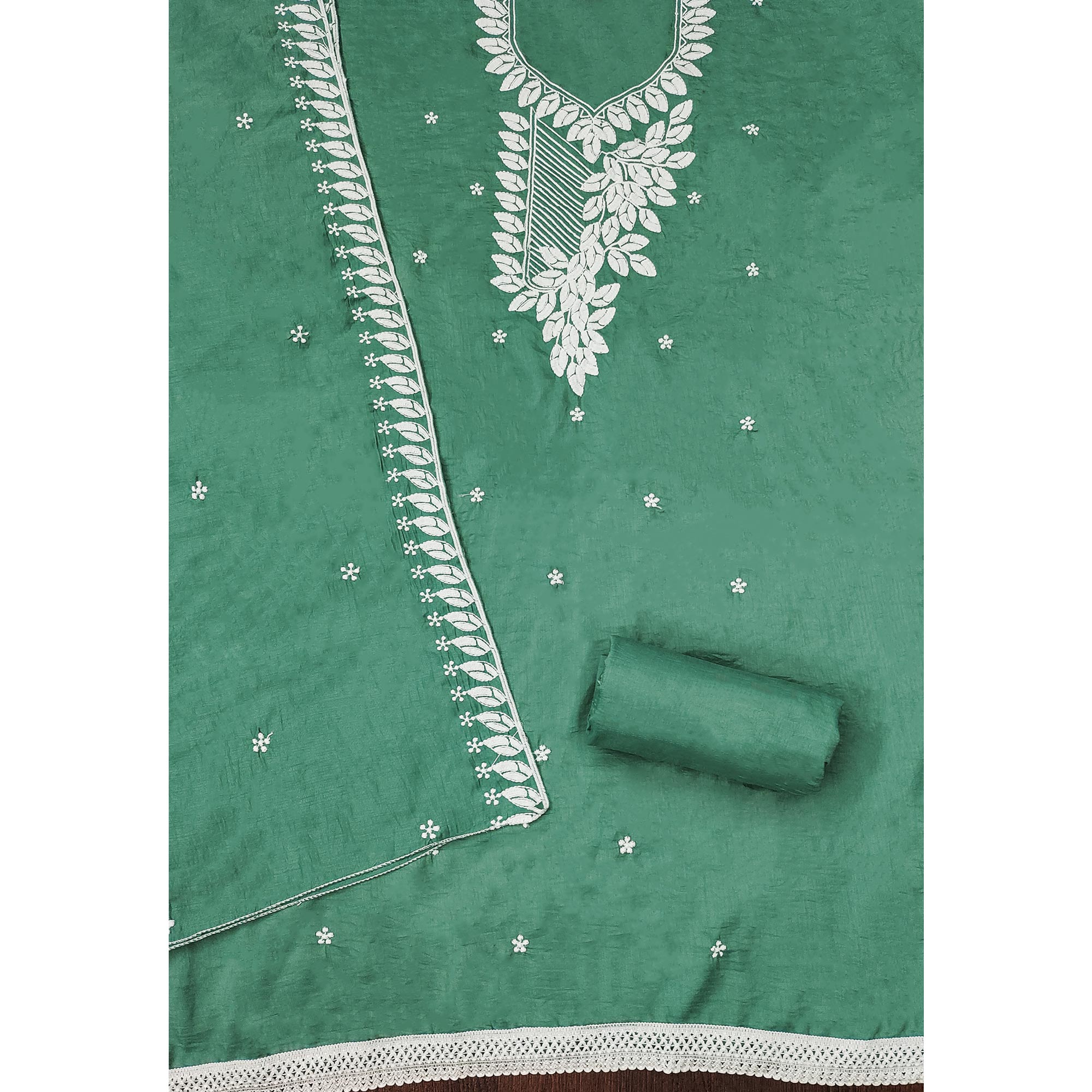 Green Floral Embroidered Cotton Blend Dress Material