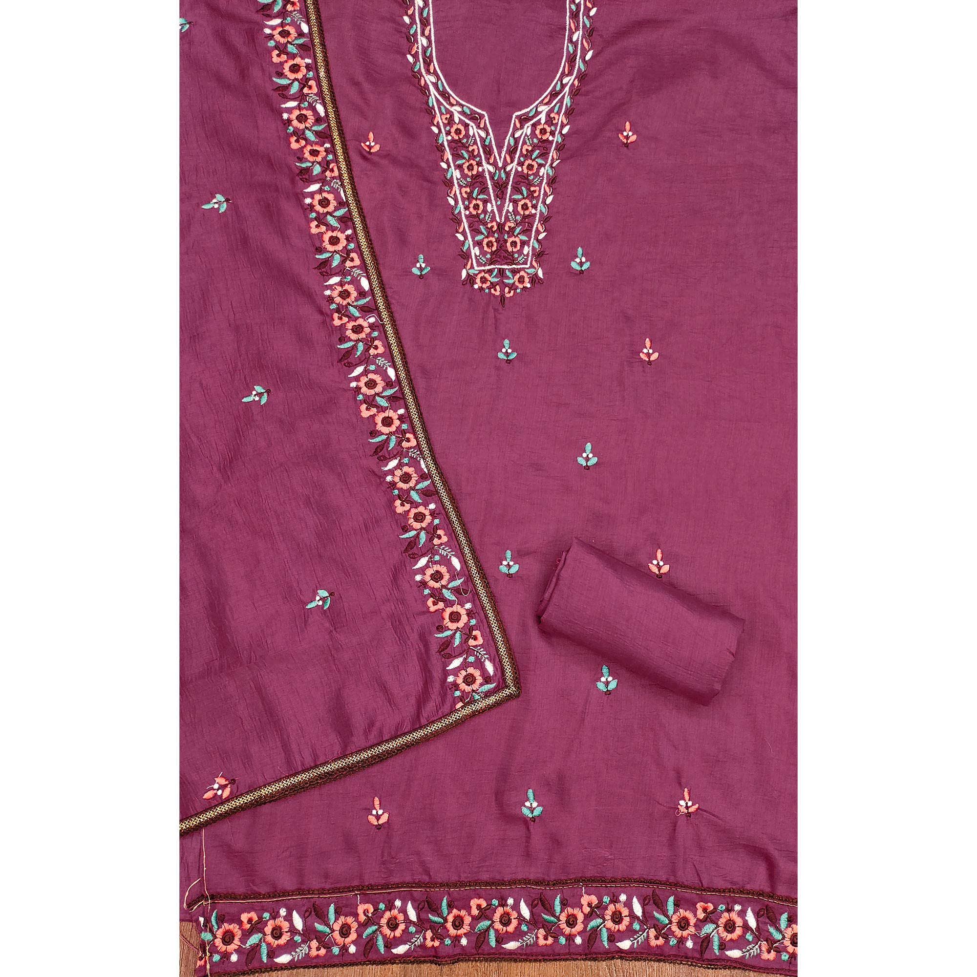 Pink Floral Embroidered Cotton Blend Dress Material
