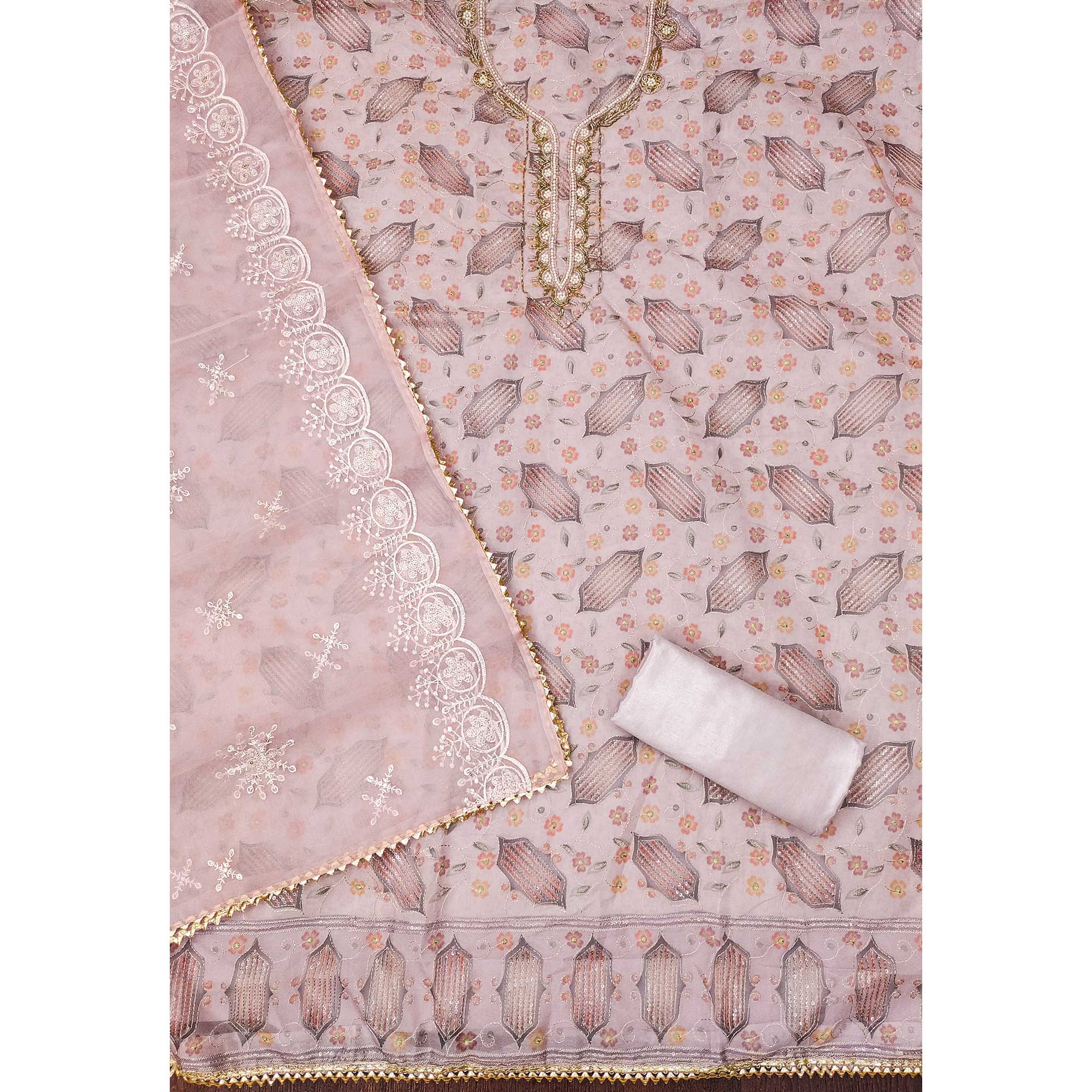 Light Pink Floral Embroidered With Handwork Organza Dress Material