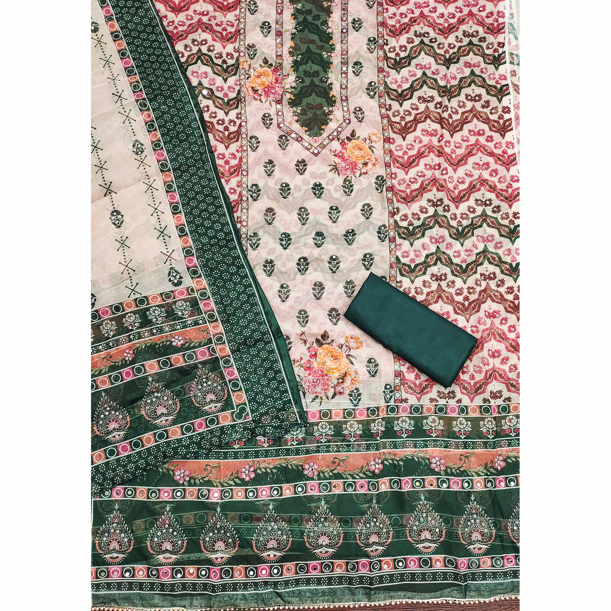 Green Floral Digital Print With Diamond & Mirror Work Organza Dress Material