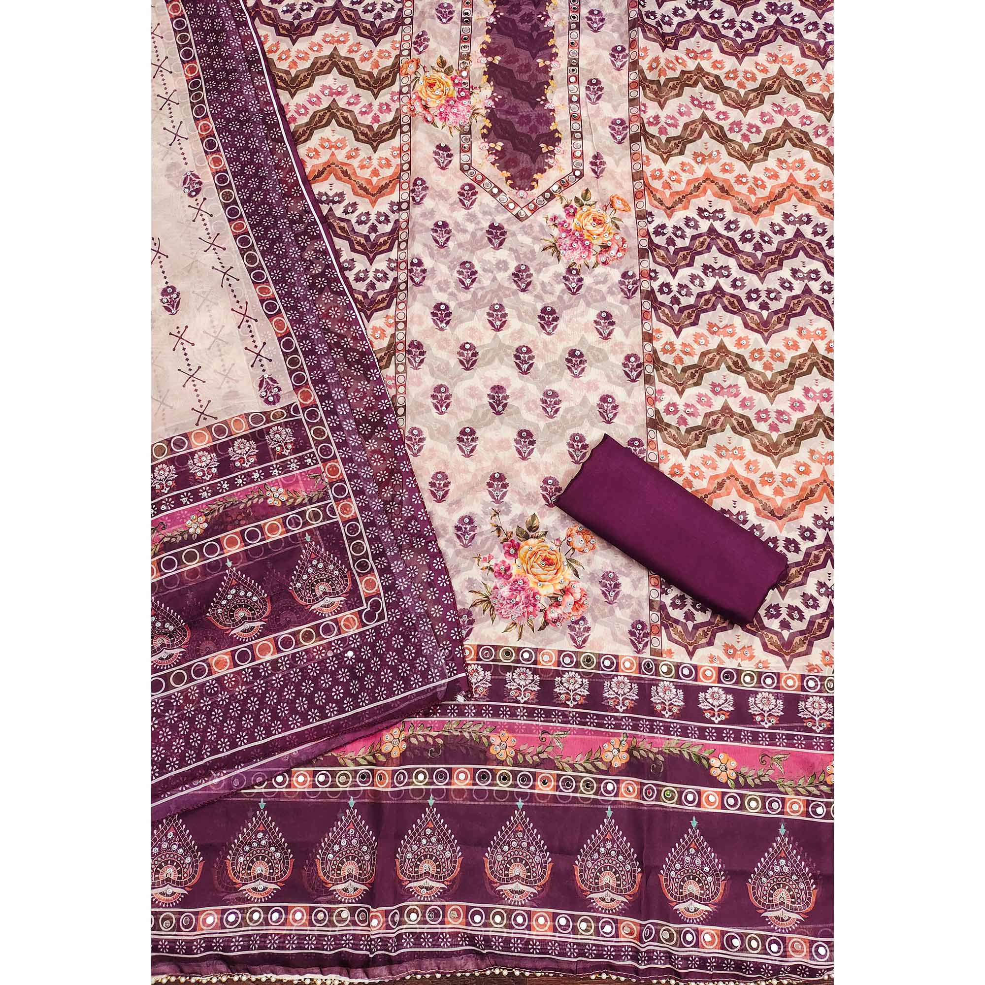 Purple Floral Digital Print With Diamond & Mirror Work Organza Dress Material