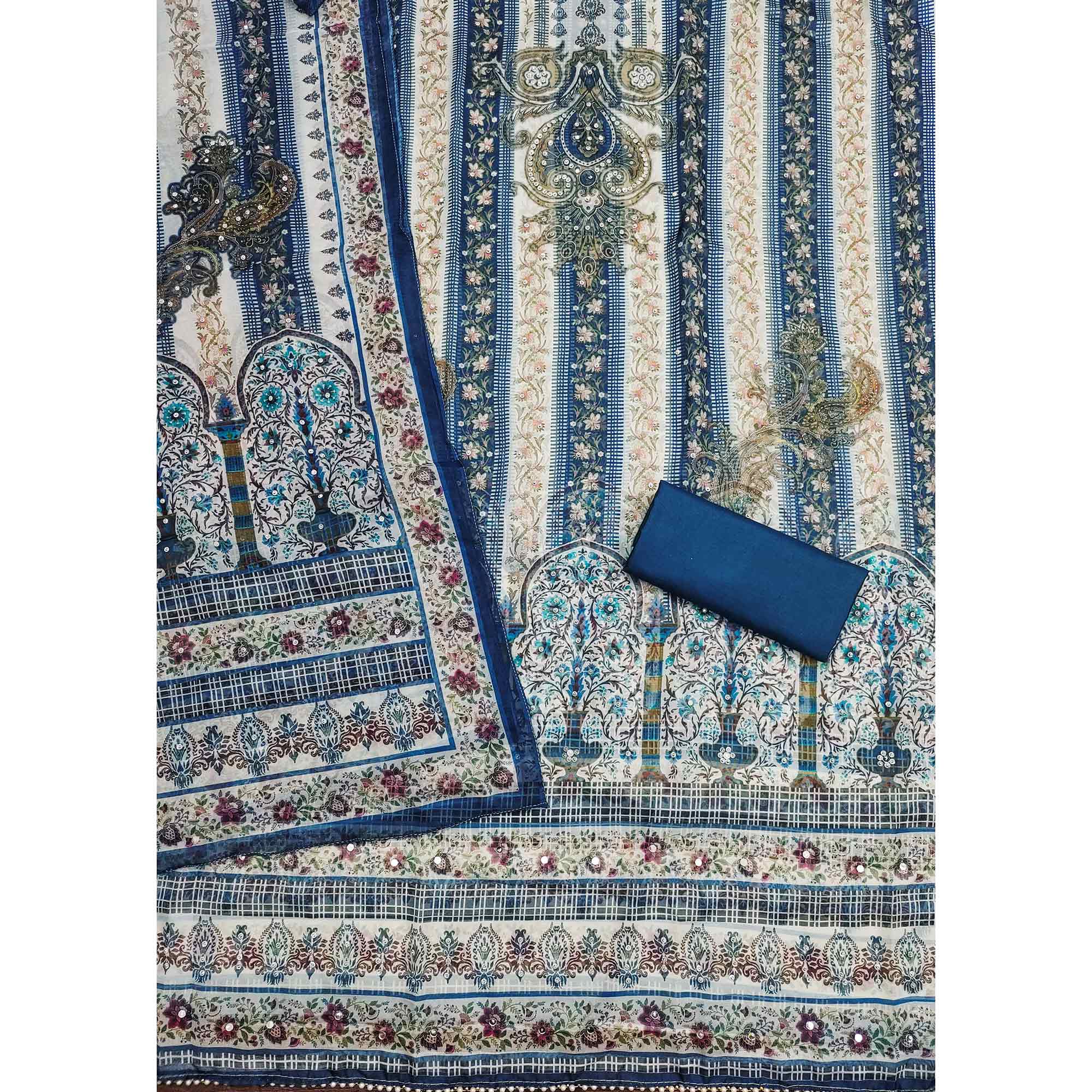 Blue Floral Digital Printed With Diamond Work Organza Dress Material