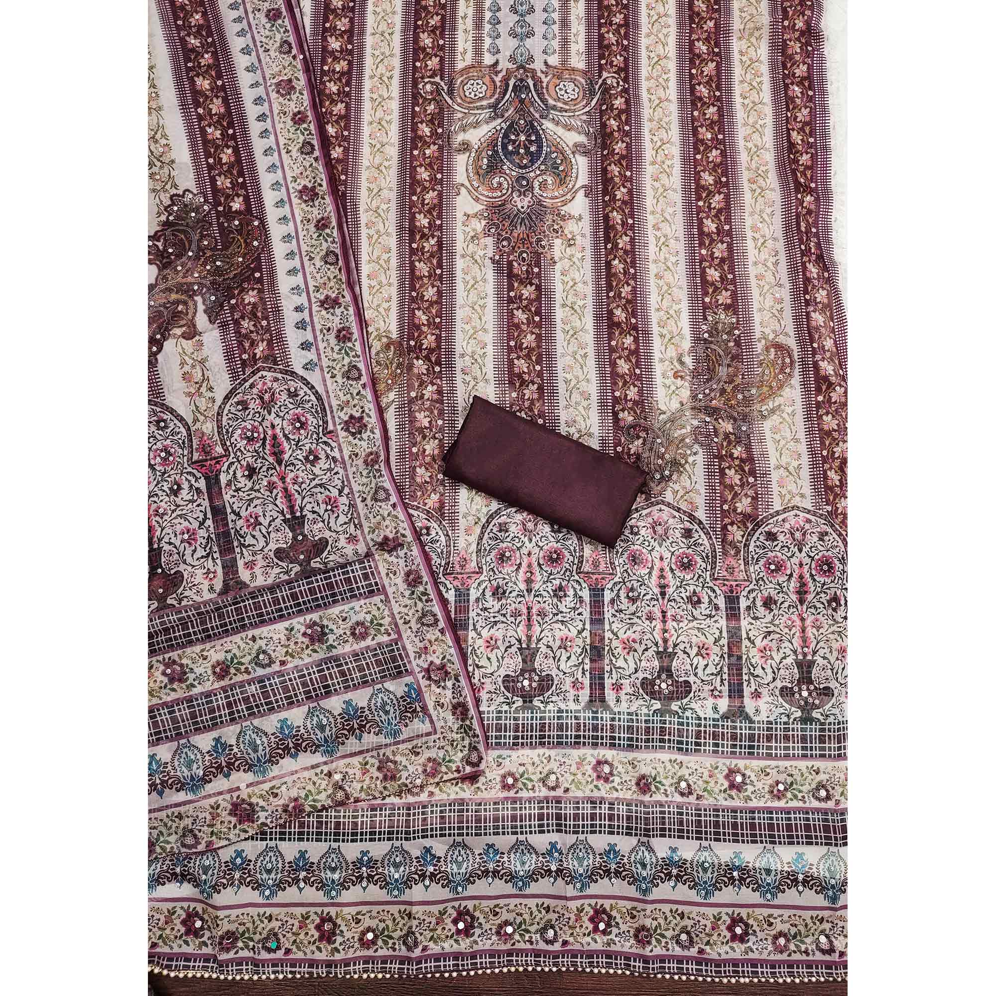 Dark Wine Floral Digital Printed With Diamond Work Organza Dress Material