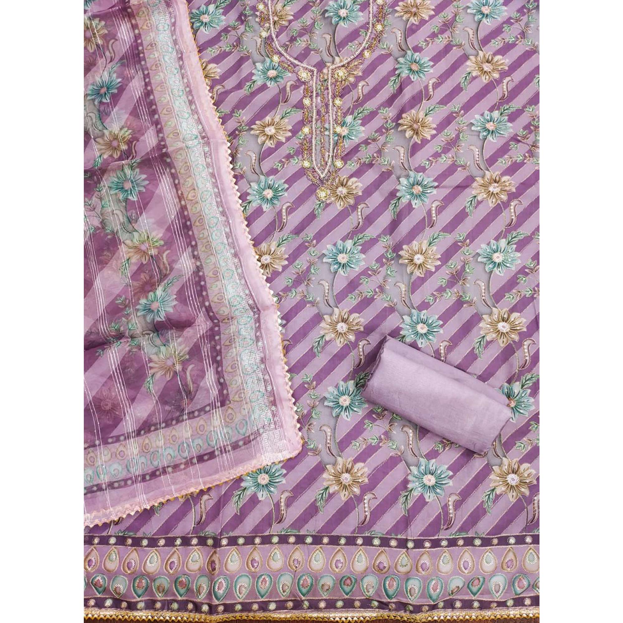 Lavender Floral Sequins Embroidered Organza Dress Material With Exquisite Handwork