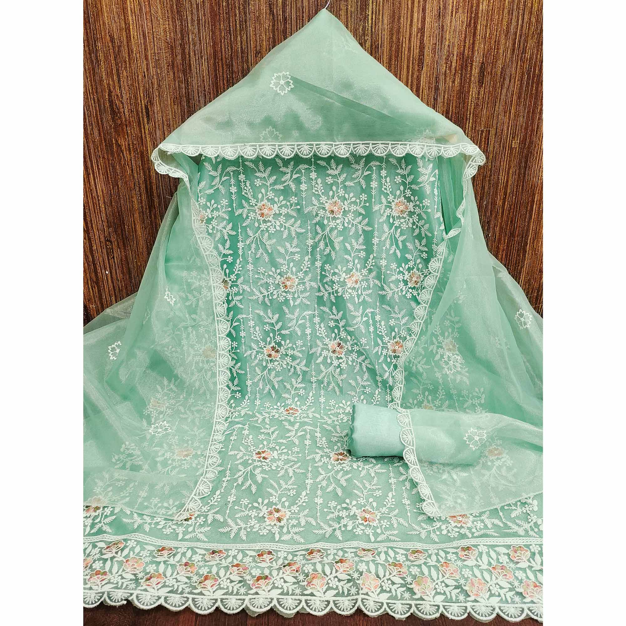 Refreshing Sea Green Organza Dress Material Adorned with Intricate Floral Embroidery