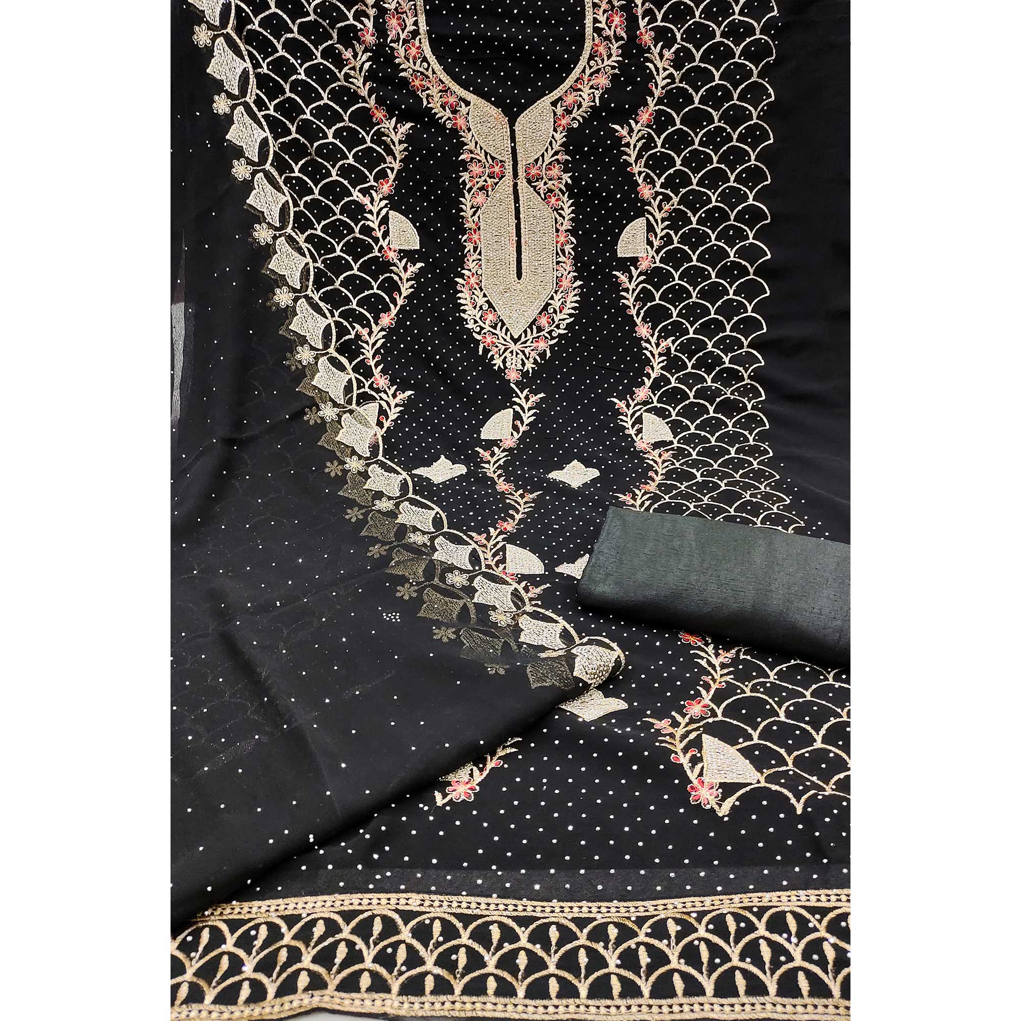 Black Georgette Dress Material With Exquisite Floral Embroidery And Stonework