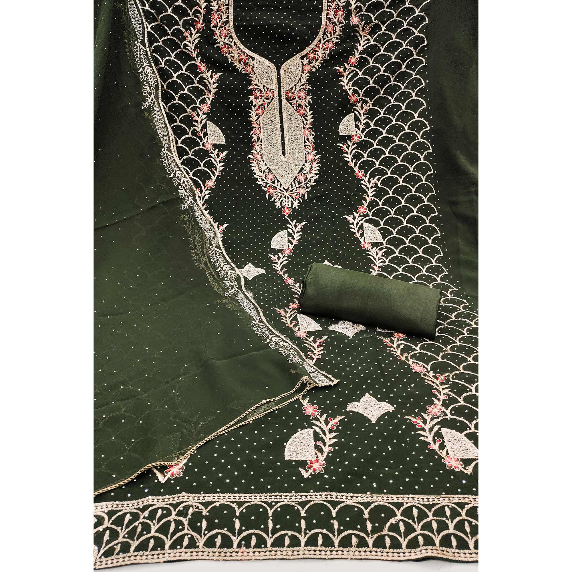 Mehendi Green Georgette Dress Material With Exquisite Floral Embroidery And Stonework