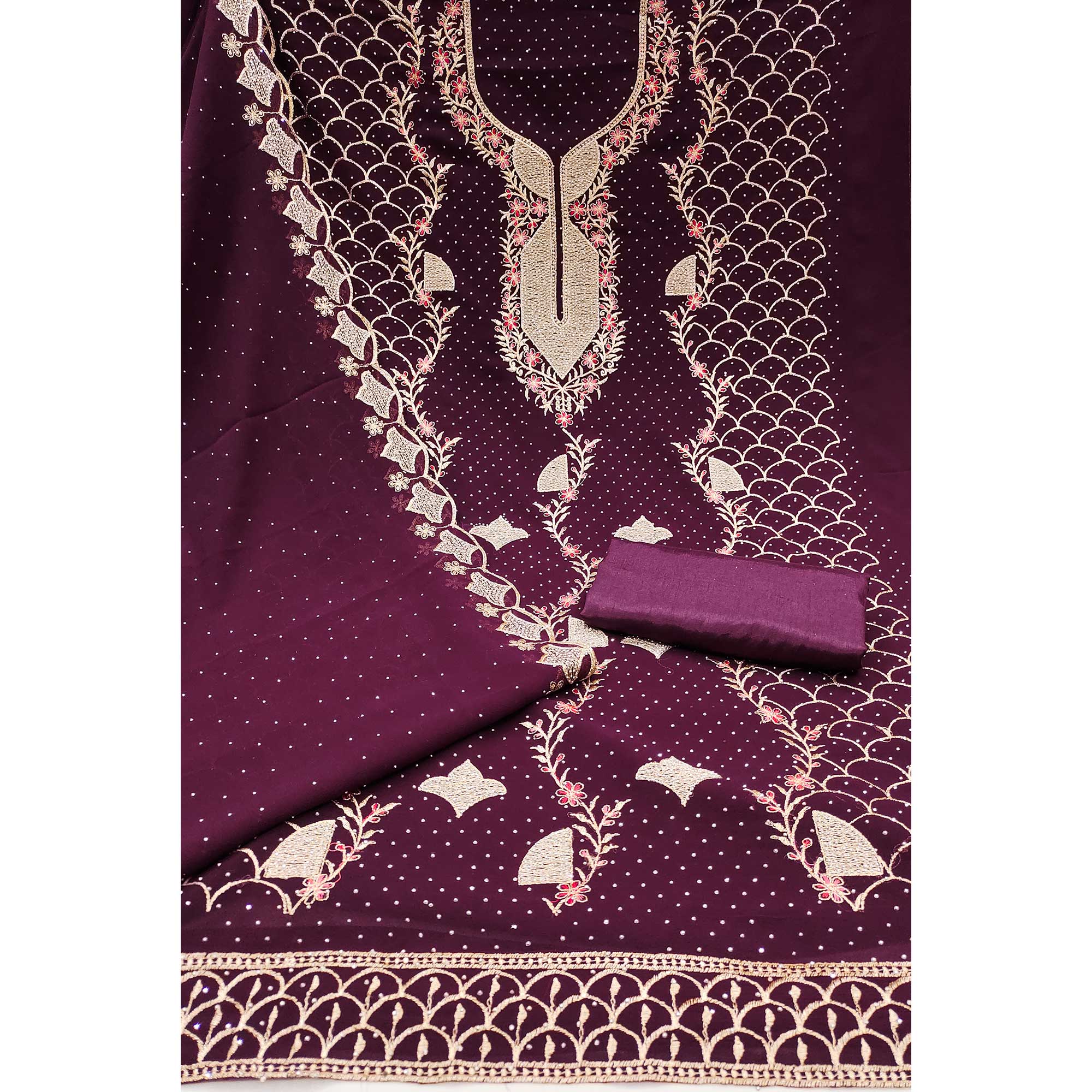 Wine Georgette Dress Material With Exquisite Floral Embroidery And Stonework