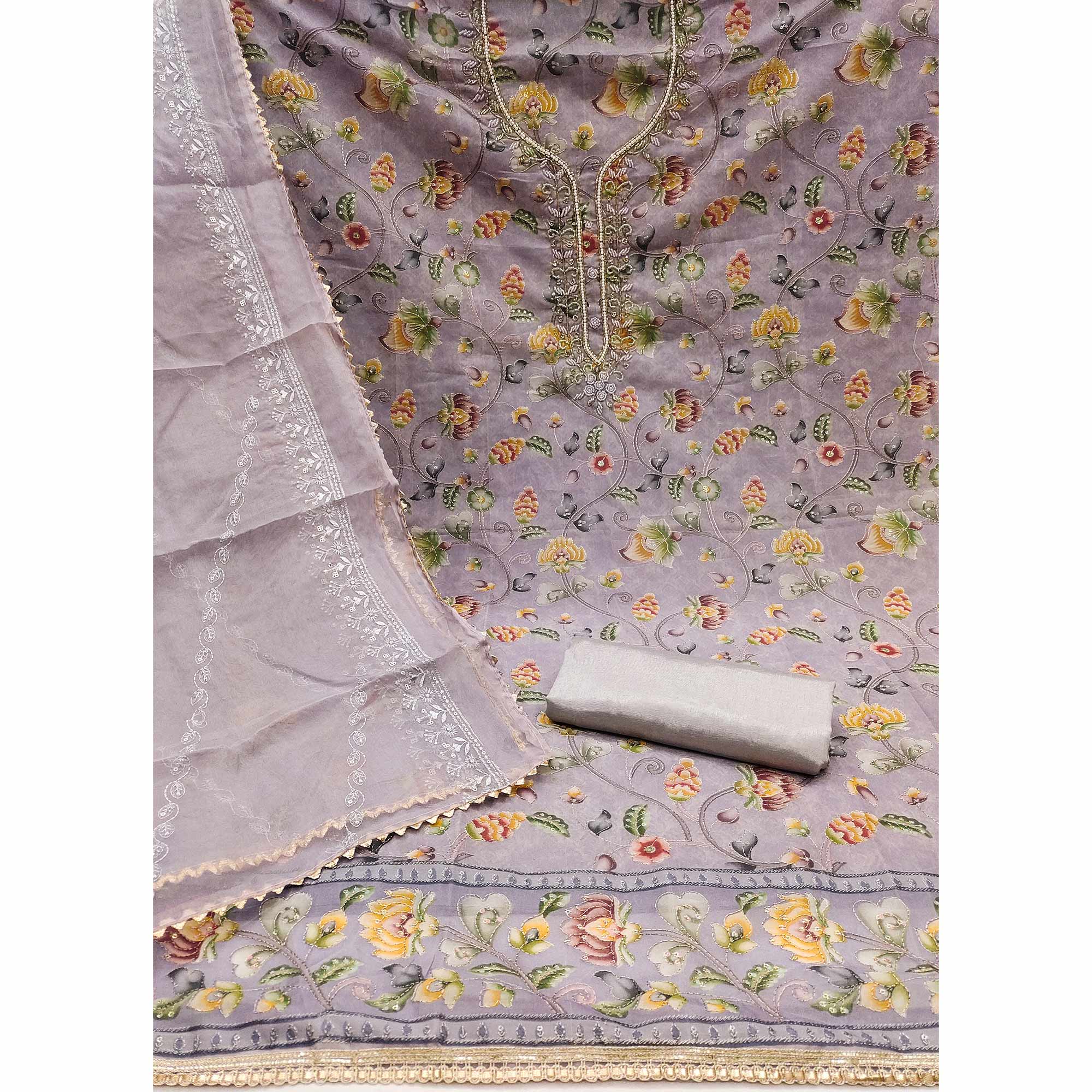 Light Lavender Organza Dress Material With Graceful Floral Print With Handwork Detailing