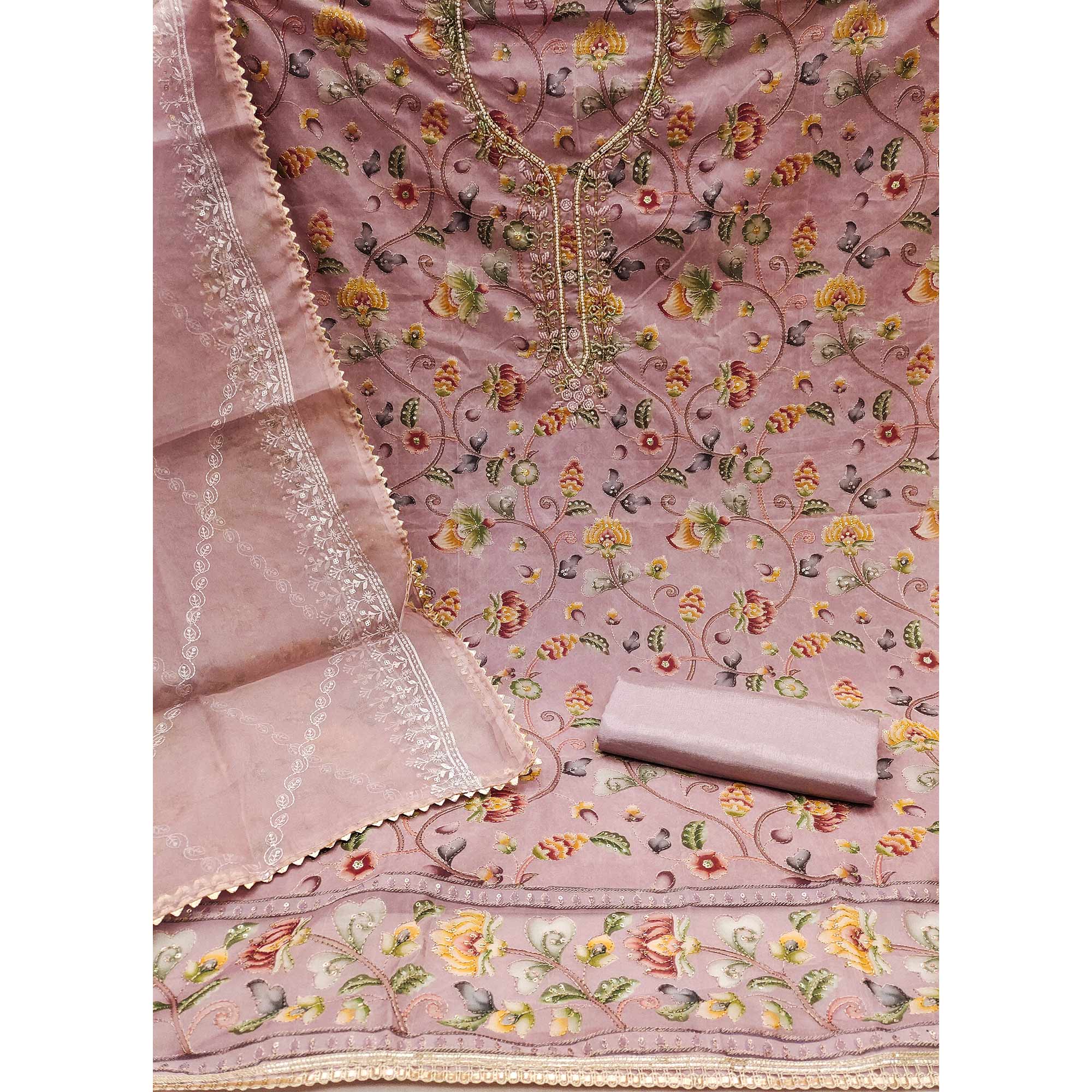 Pink Organza Dress Material With Graceful Floral Print With Handwork Detailing