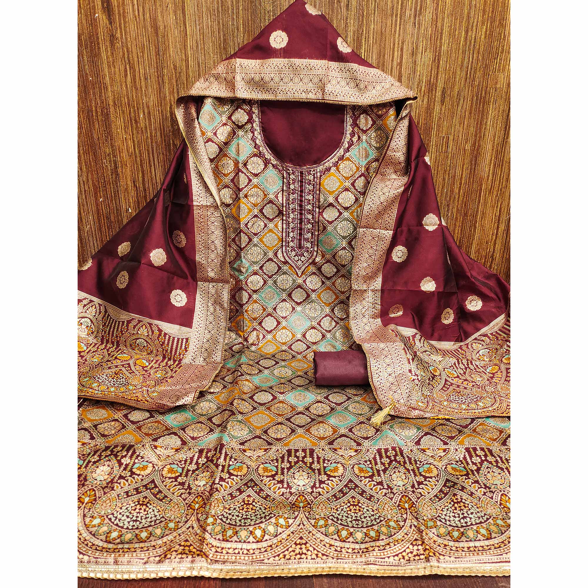 Maroon Unstitched Dress Material in Zari Woven Jacquard