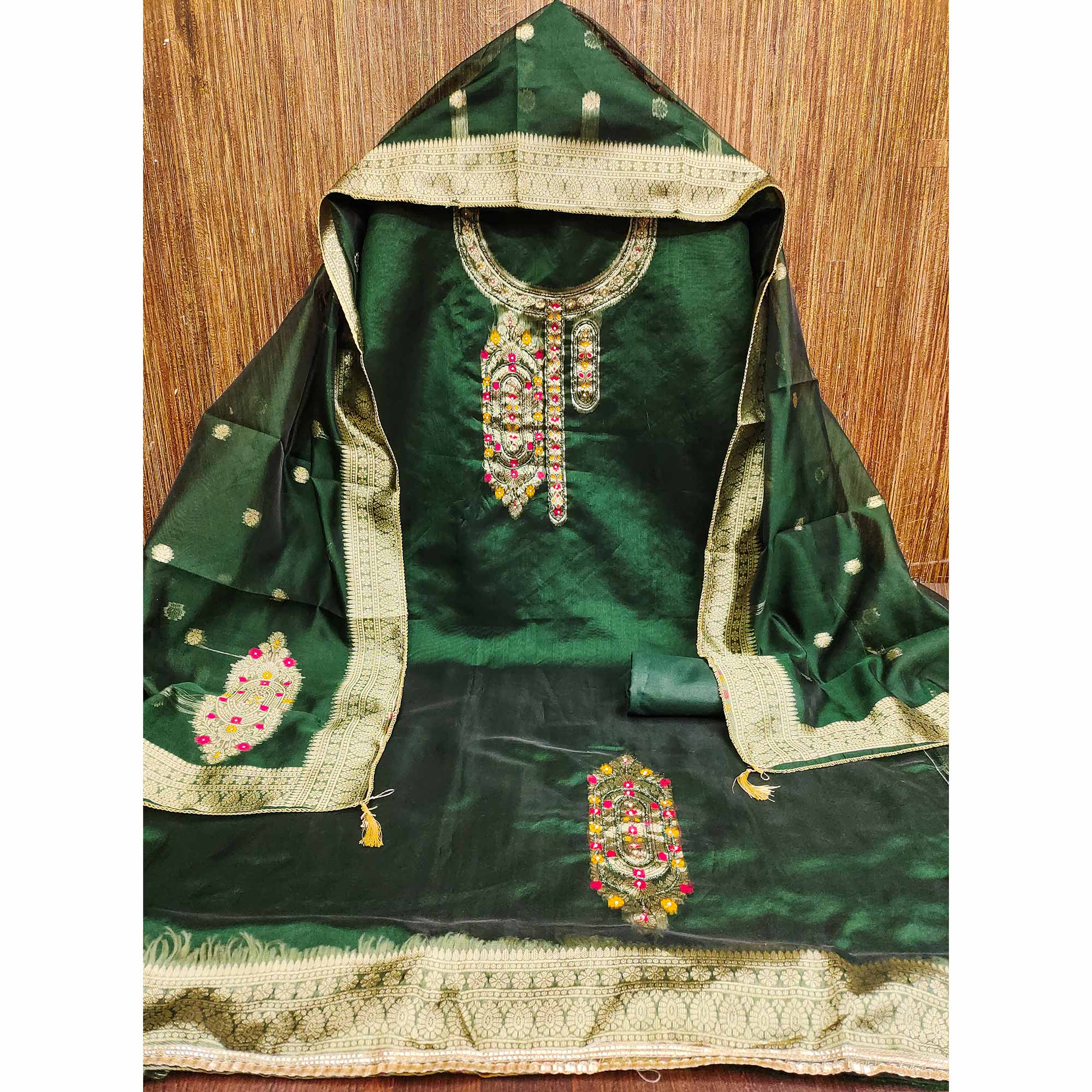 Festive Green Unstitched Dress Material in Zari Weaving Jacquard