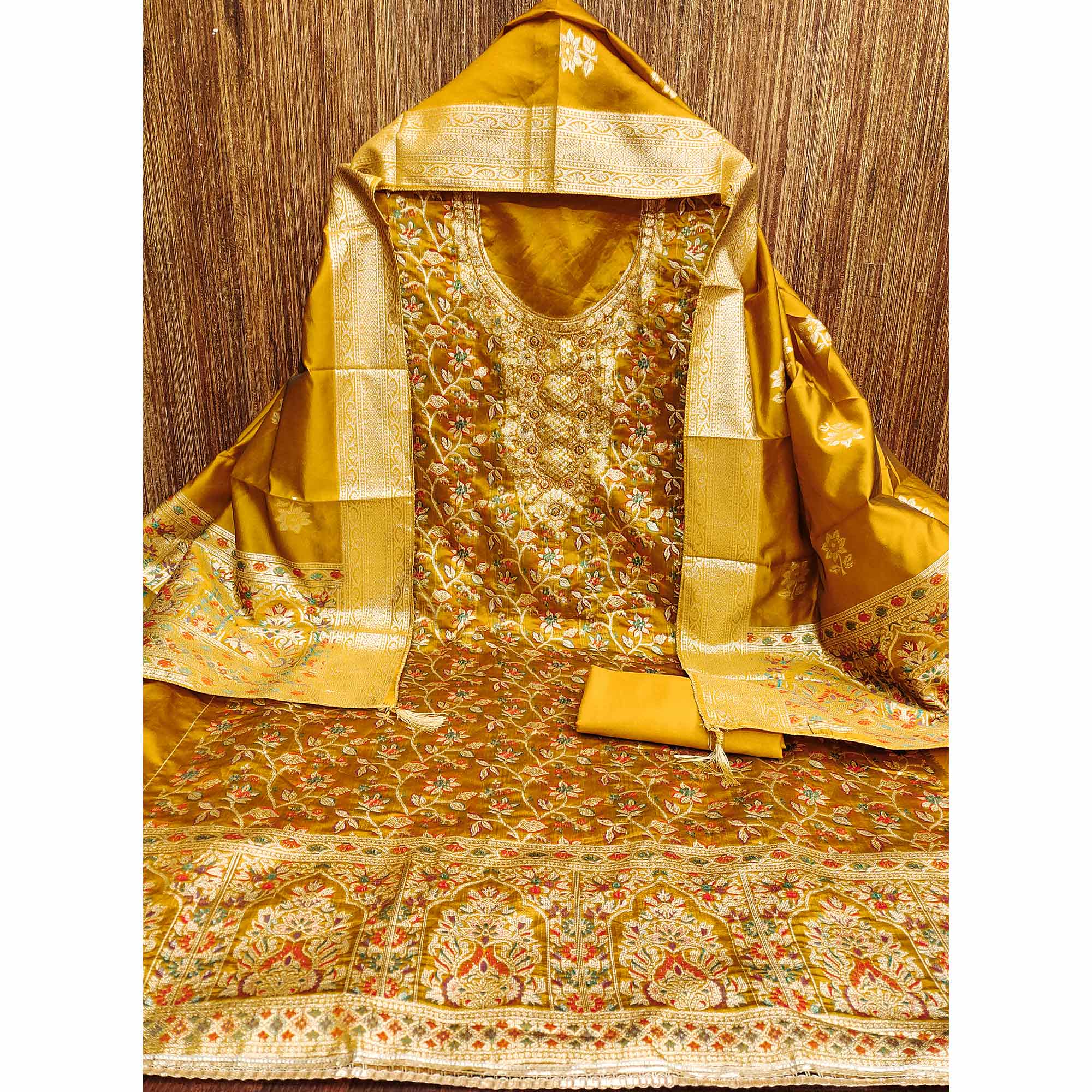 Unstitched Mustard Jacquard Dress Set with Traditional Zari Weaving