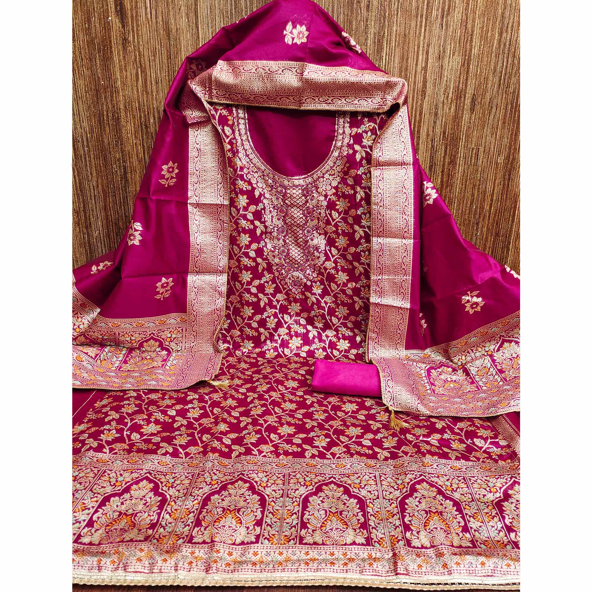 Unstitched Pink Jacquard Dress Set with Traditional Zari Weaving