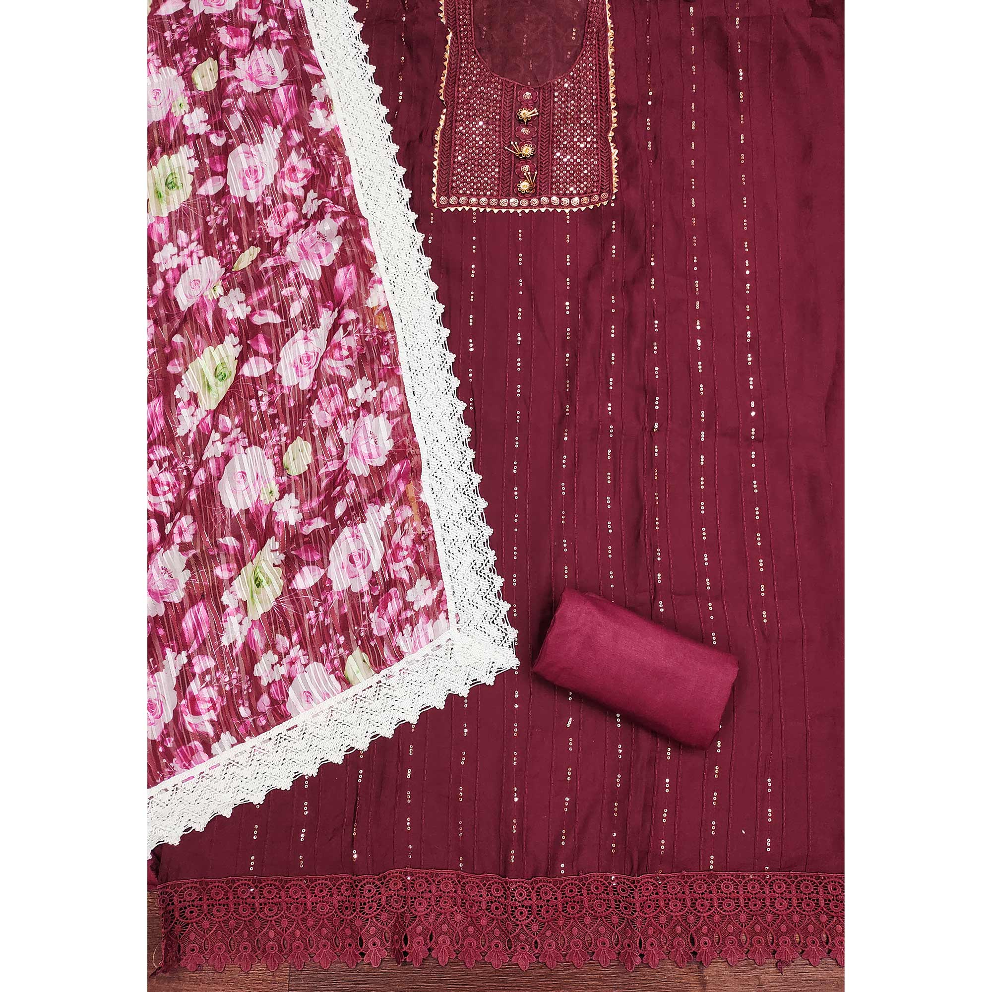 Maroon Cotton Blend Suit Material Enhanced with Sequins Embroidery