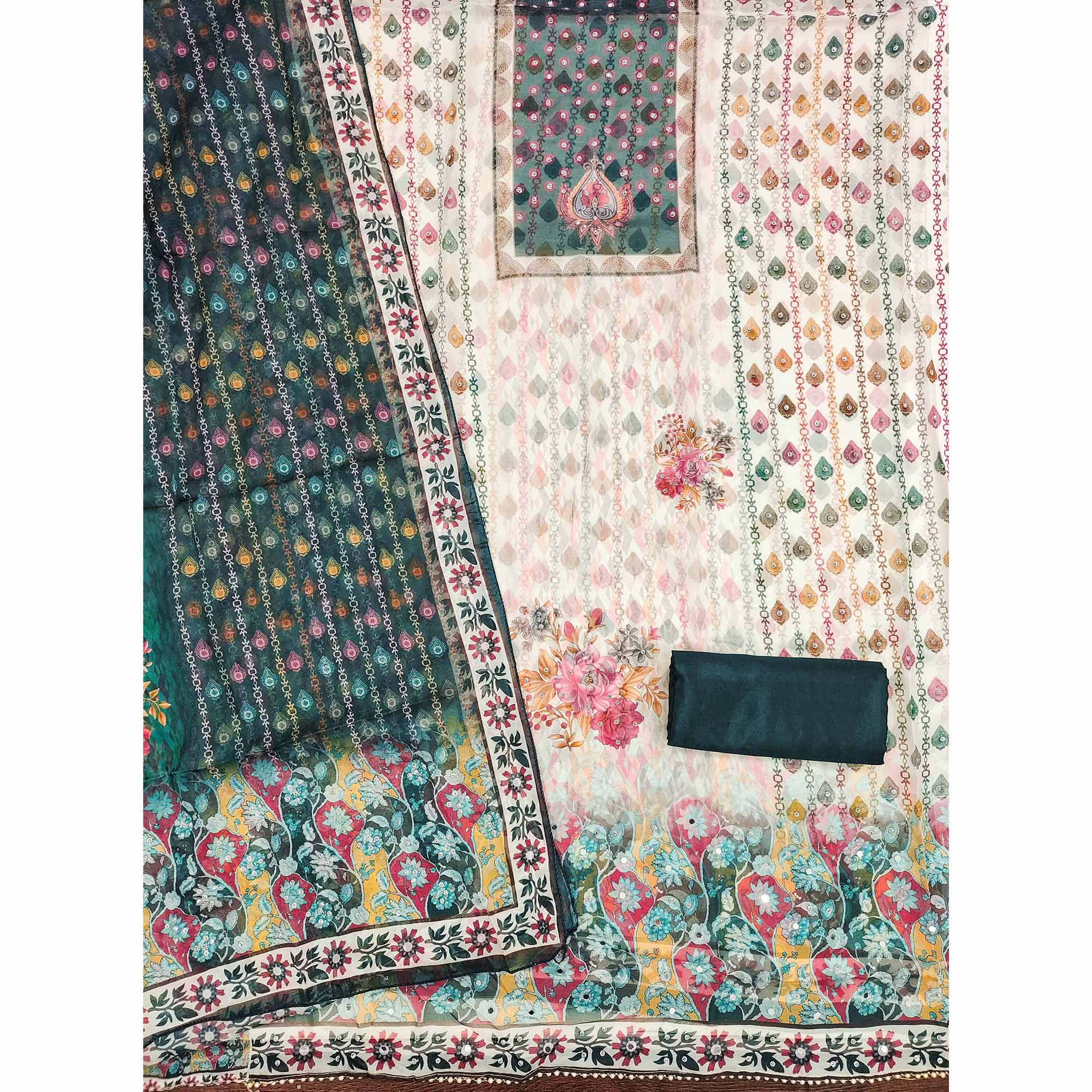 Off-White & Green Organza Dress Material with Elegant Floral Prints