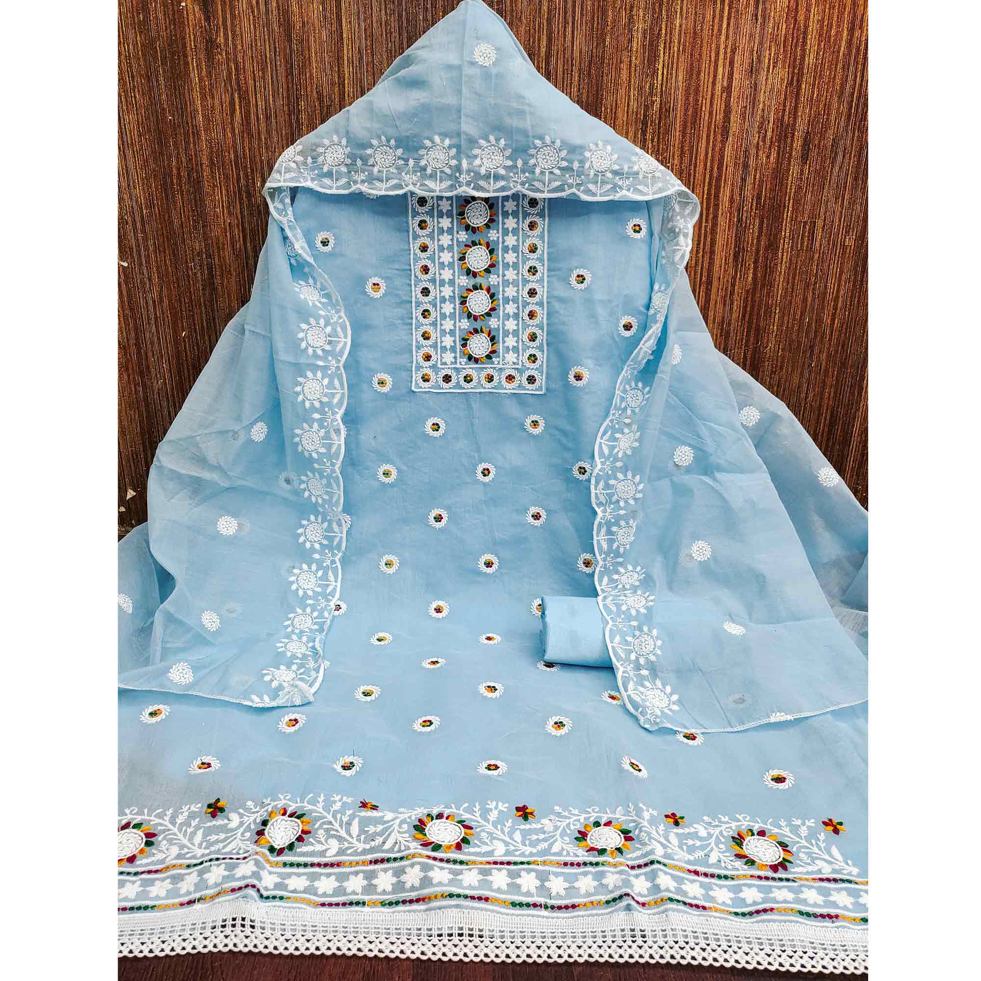 Blue Embroidered Cotton Blend Suit Fabric with Soft Floral Detailing