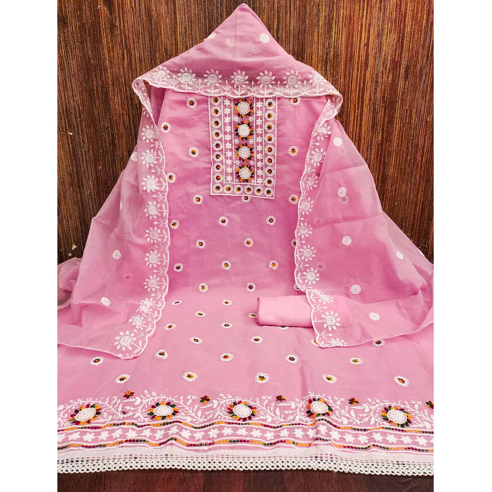 Pink Embroidered Cotton Blend Suit Fabric with Soft Floral Detailing