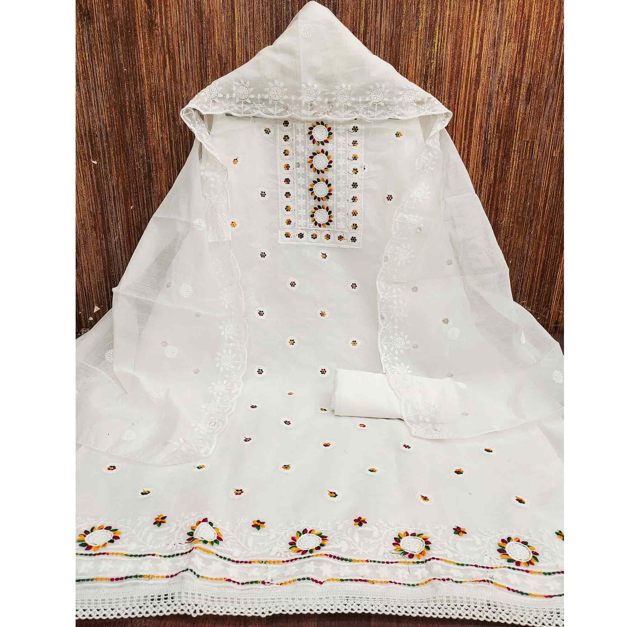 White Embroidered Cotton Blend Suit Fabric with Soft Floral Detailing