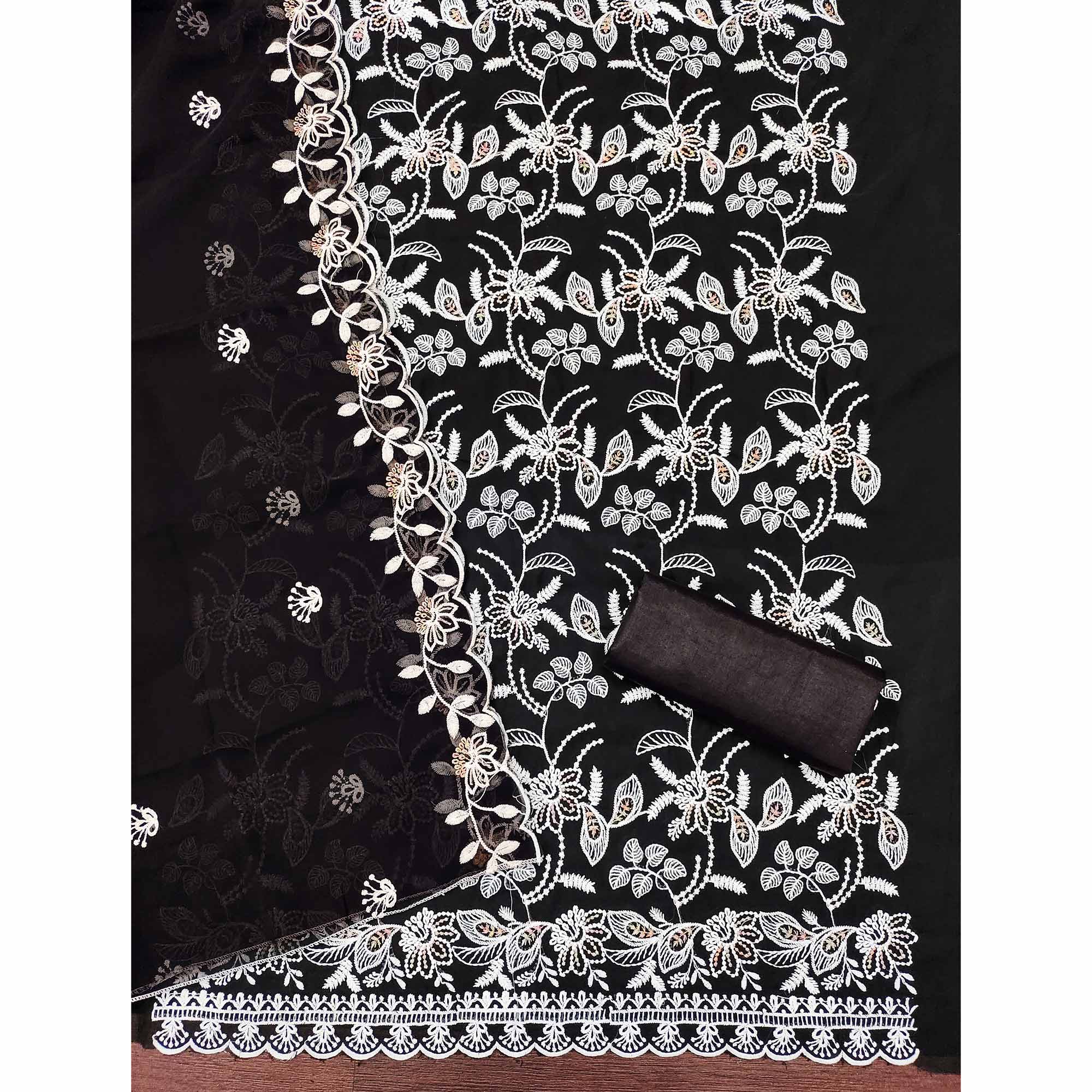 Black Georgette Dress Material Accented With Floral Thread Work