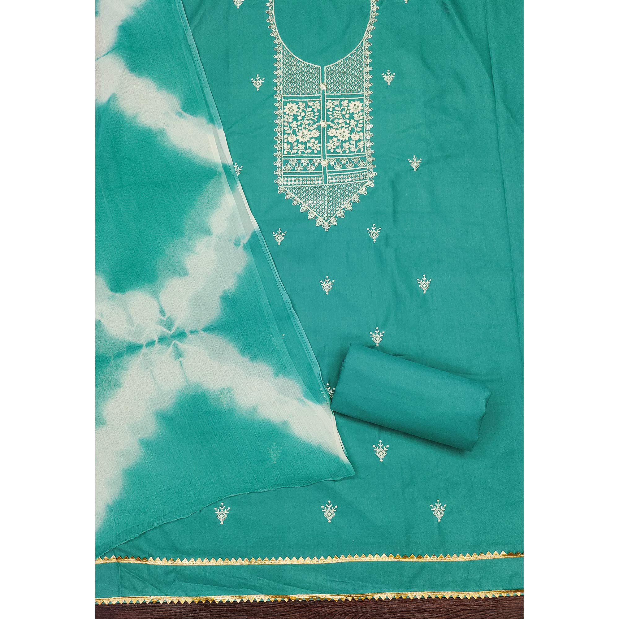Turquoise Floral Thread Embroidered Cotton Blend Dress Material With Sequins Work